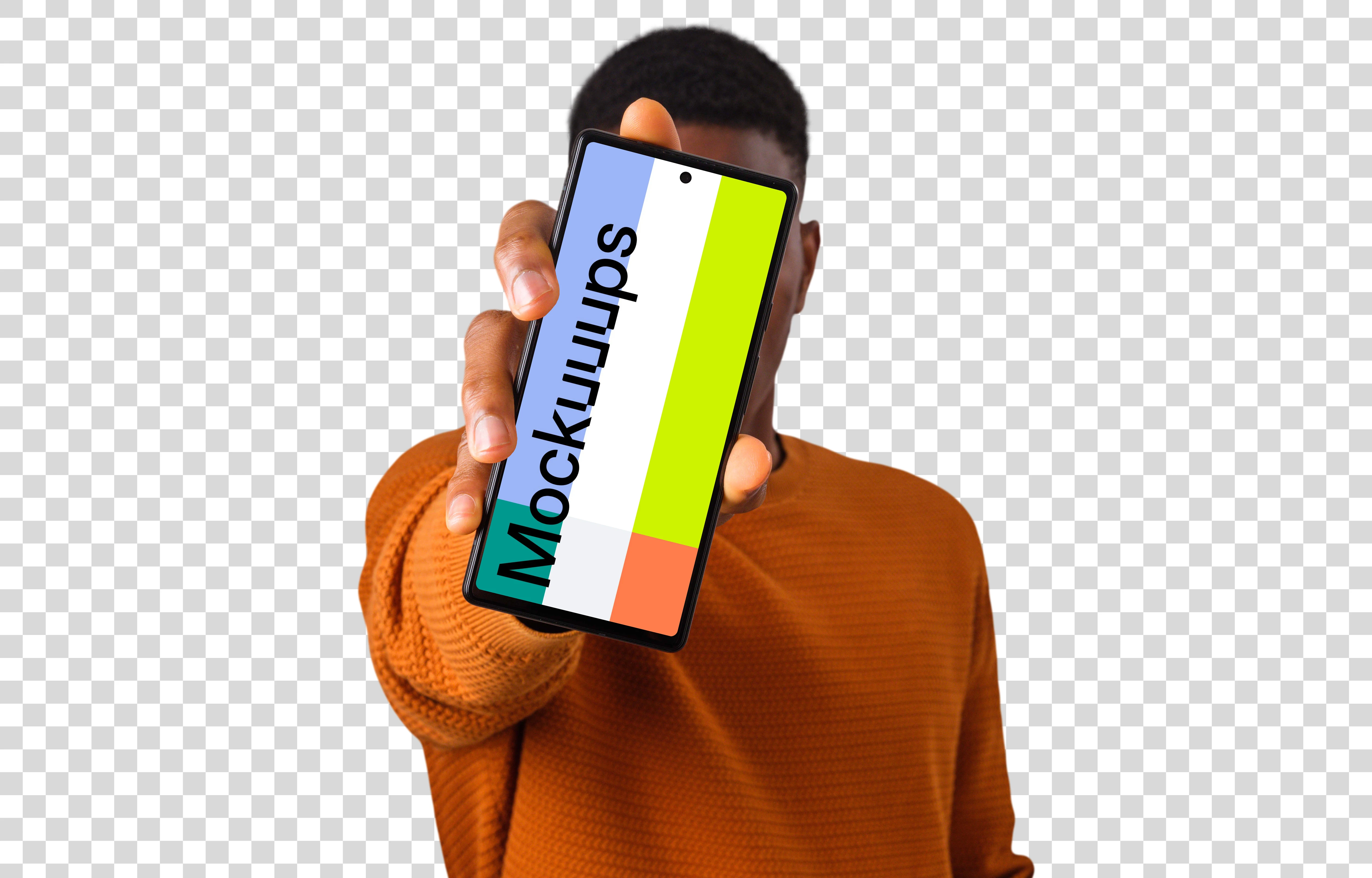 Man holding Google Pixel mockup in front of his face