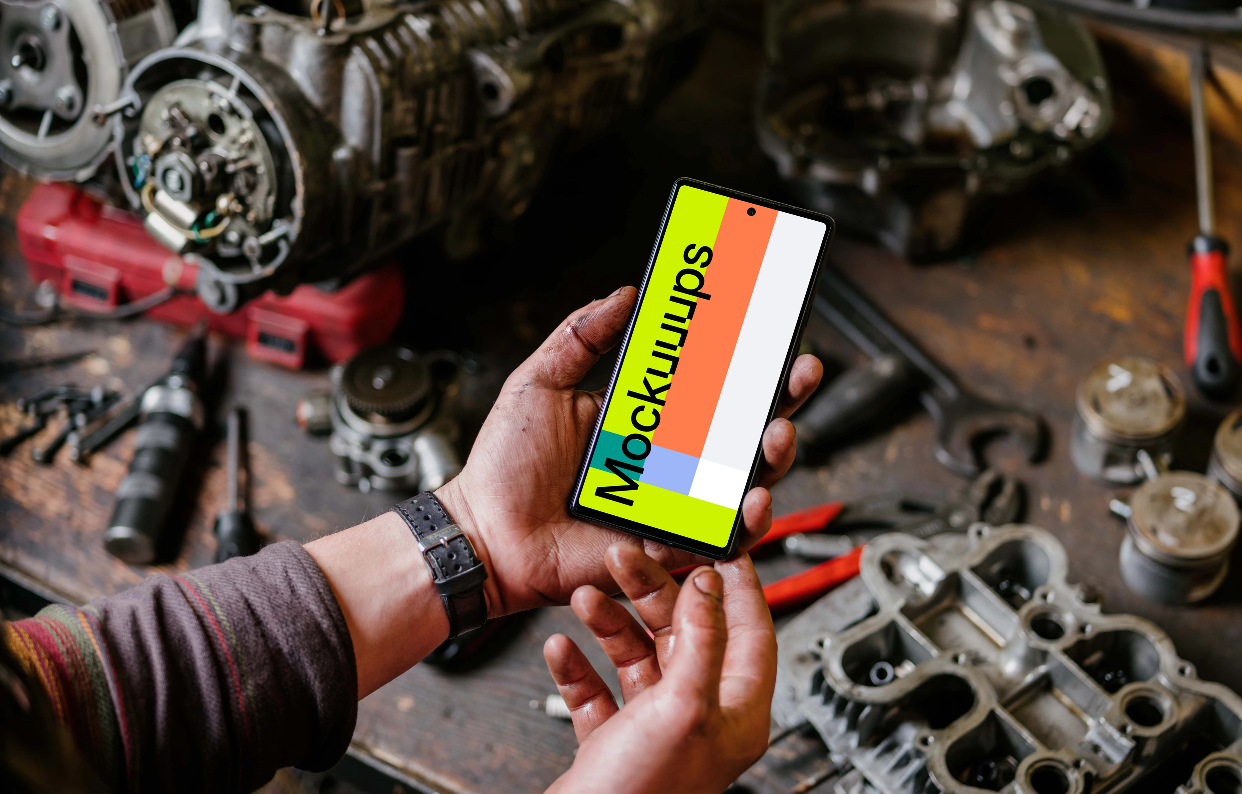 Man holding Pixel 6 mockup in a mechanic shop