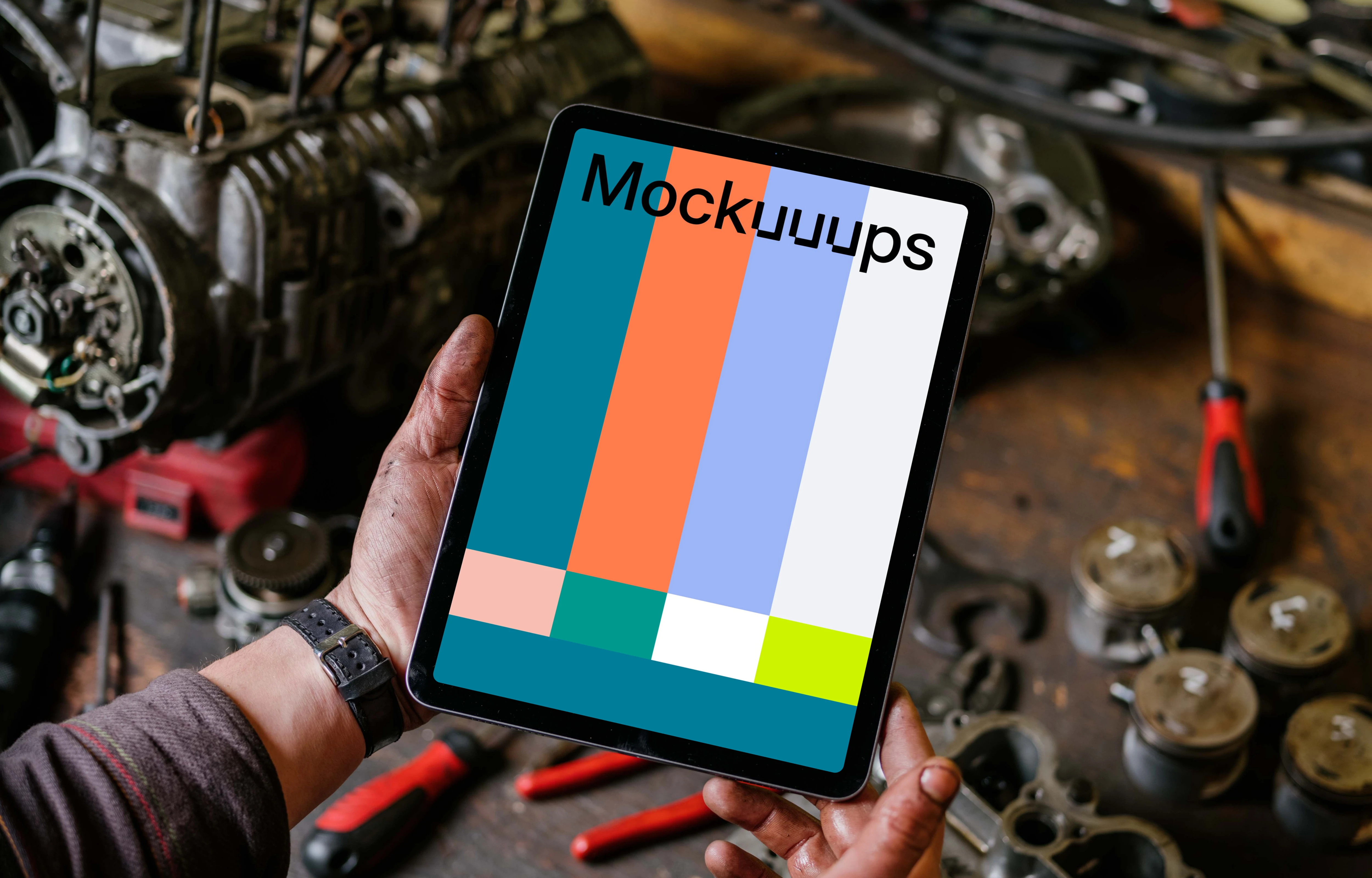 Man holding up an iPad Air mockup in front of a workbench