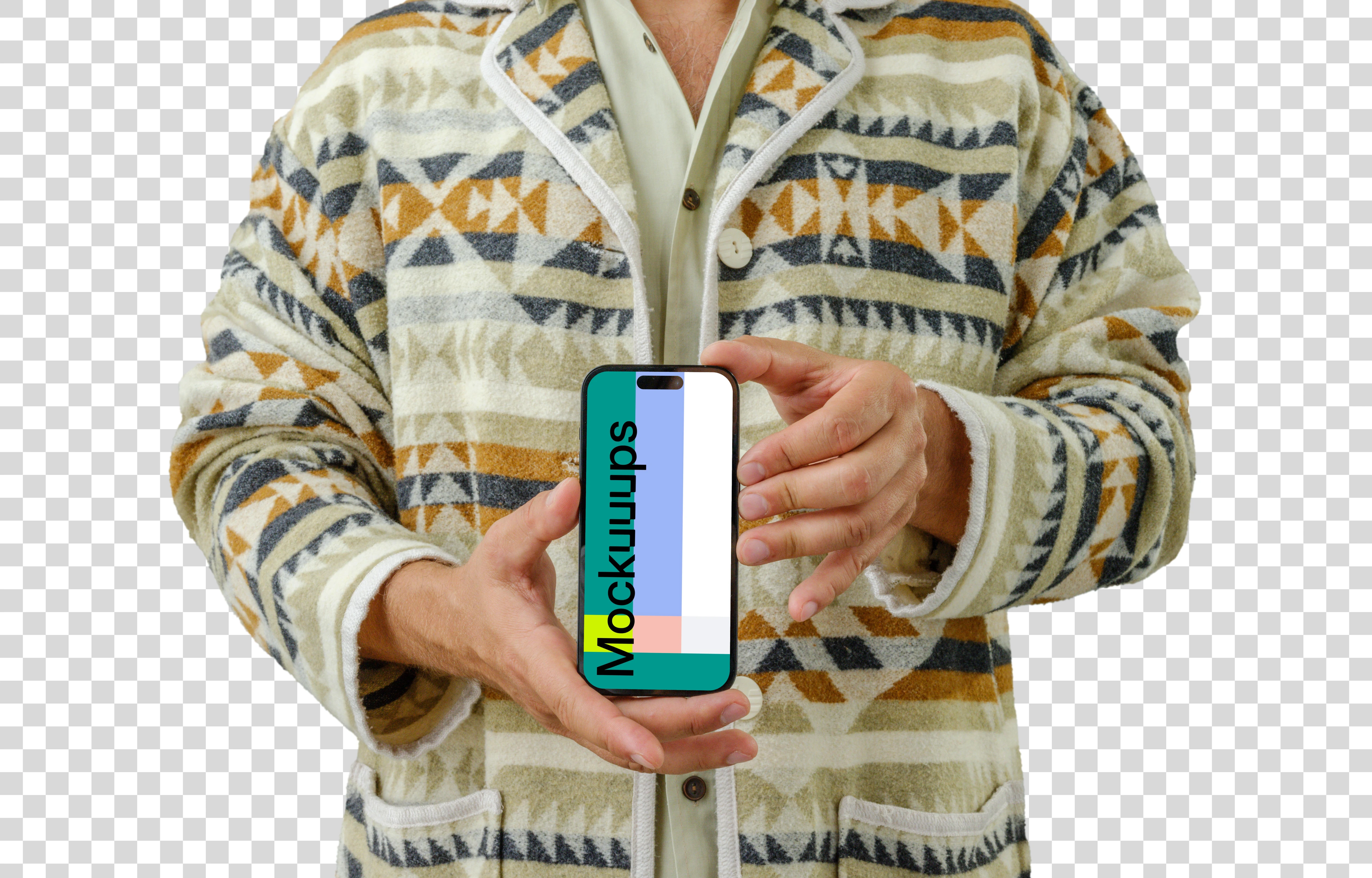 Man in a textured cardigan with an iPhone in the hand