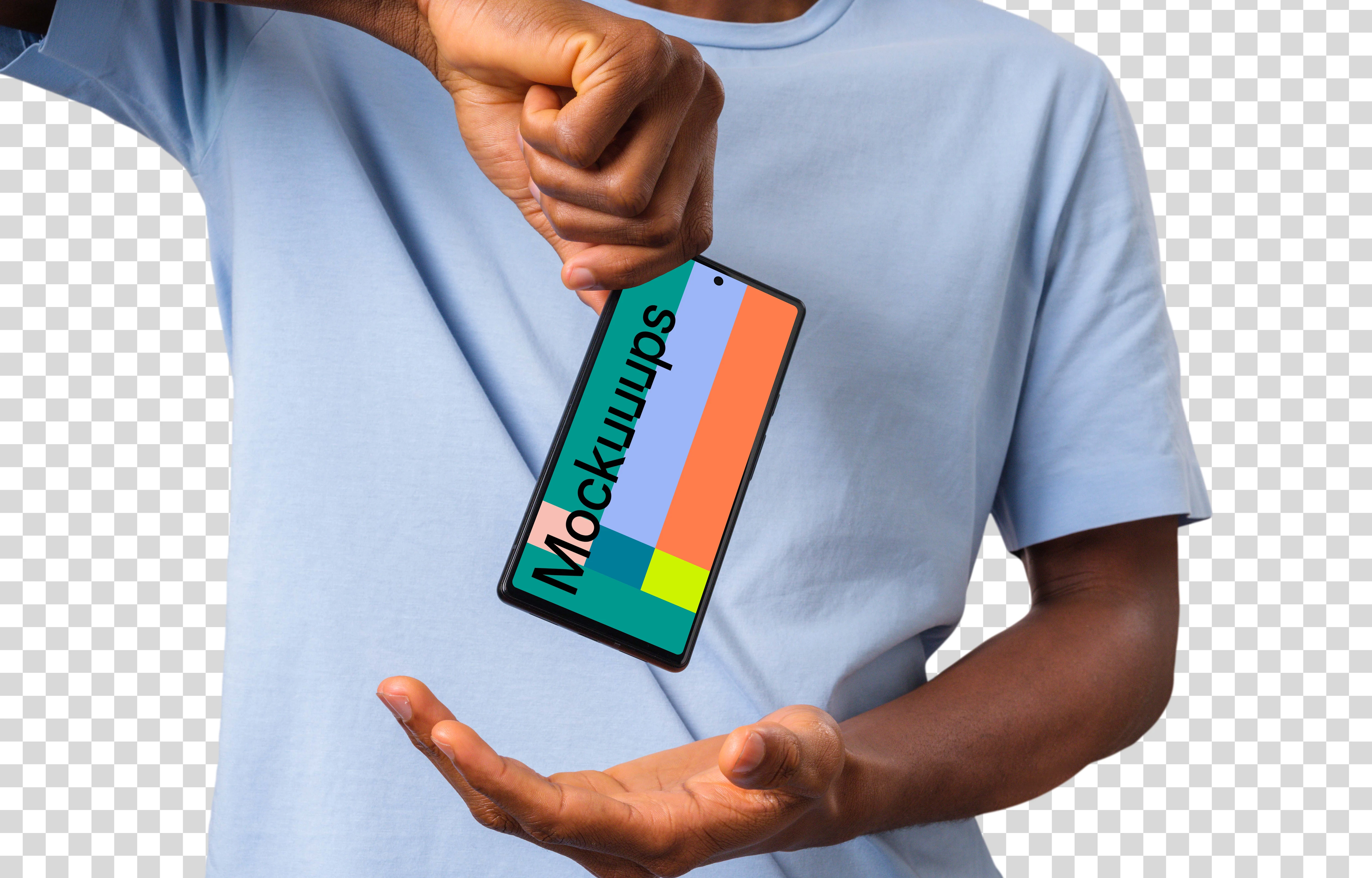 Man in light shirt holding Google Pixel mockup from the top