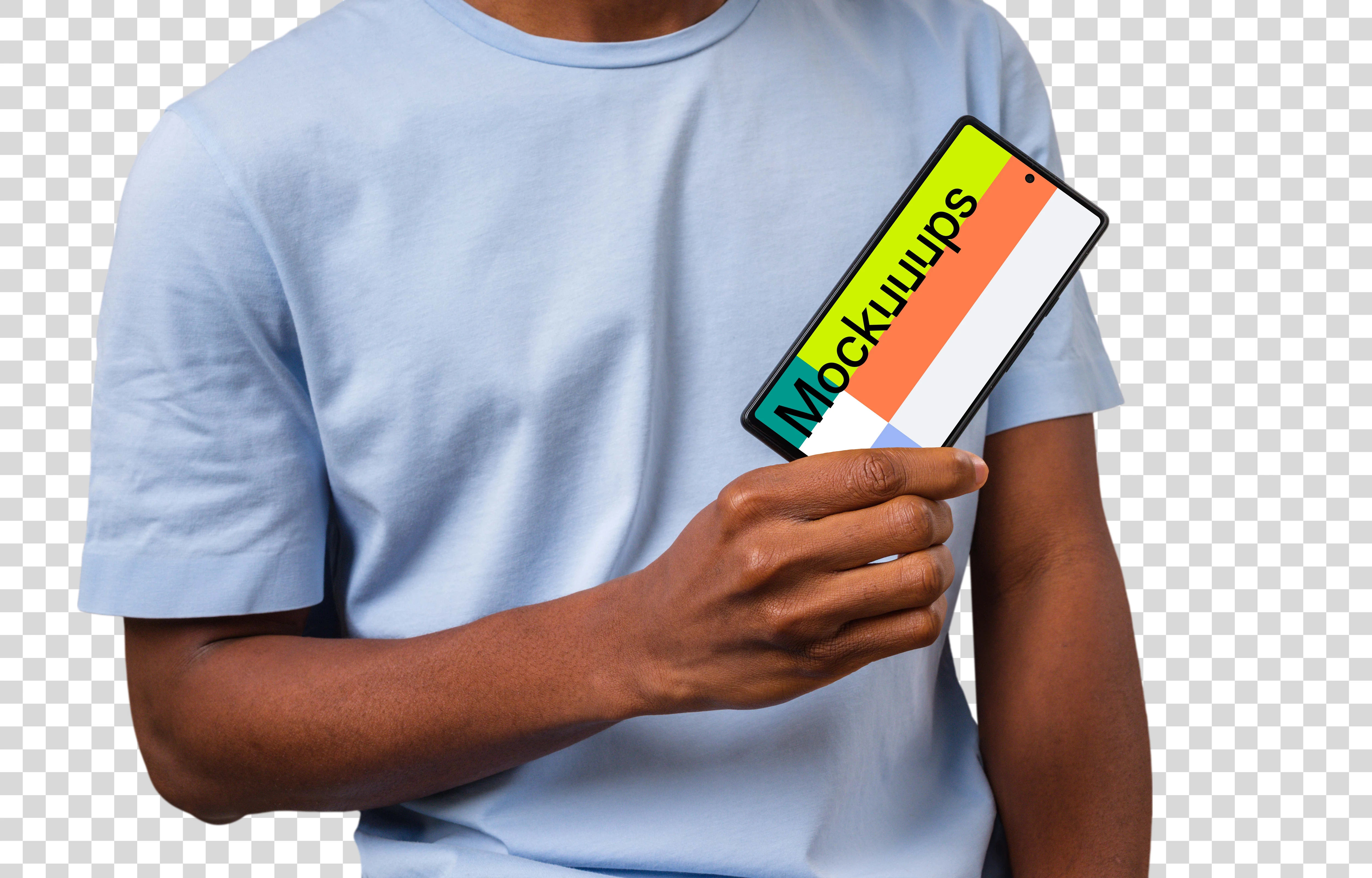 Man in light shirt holding Google Pixel with a one hand