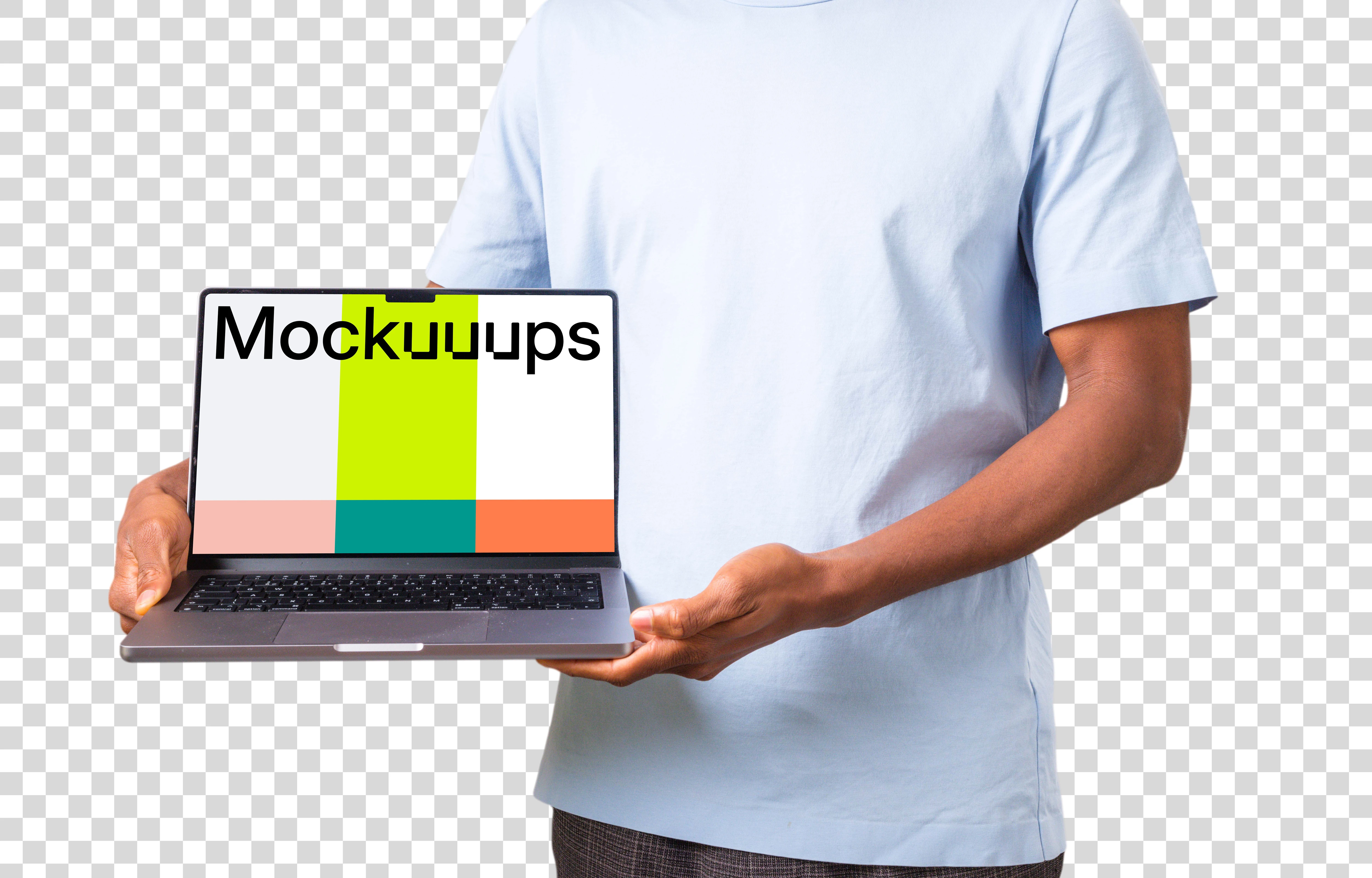 Man in light shirt holding MacBook mockup from the side