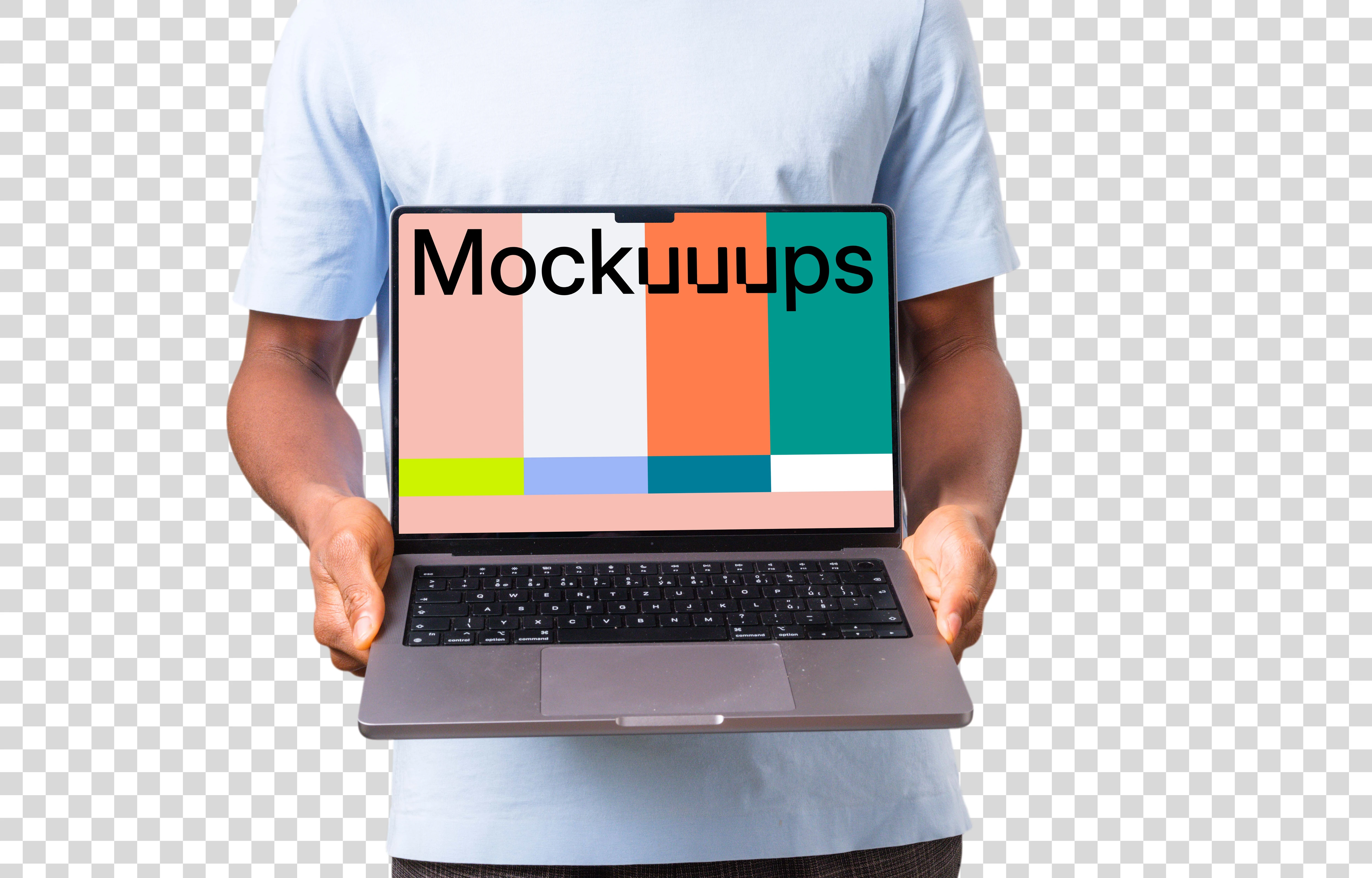 Man in light shirt holding MacBook mockup