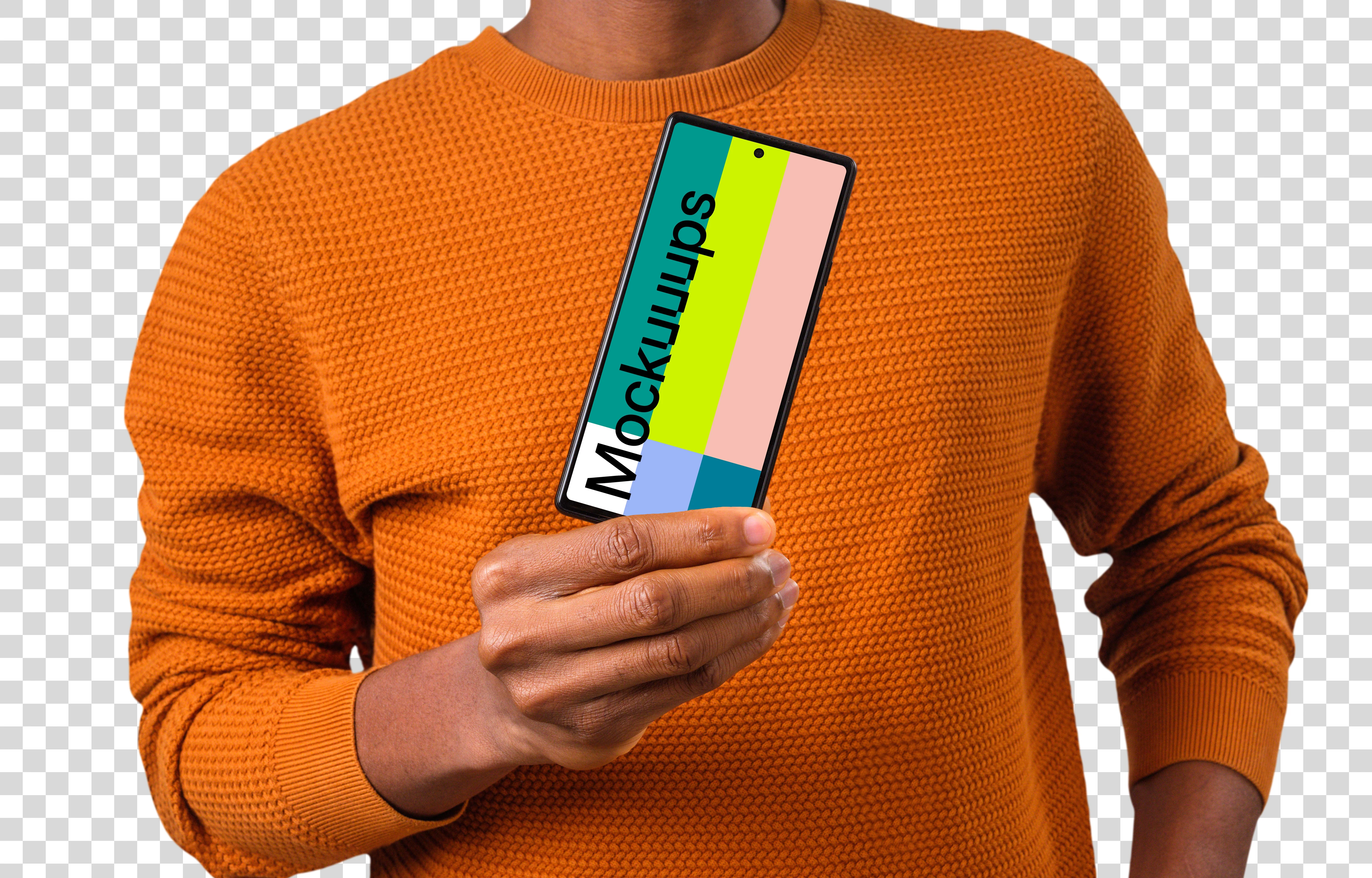 Man in orange sweater showcasing the app on Google Pixel mockup