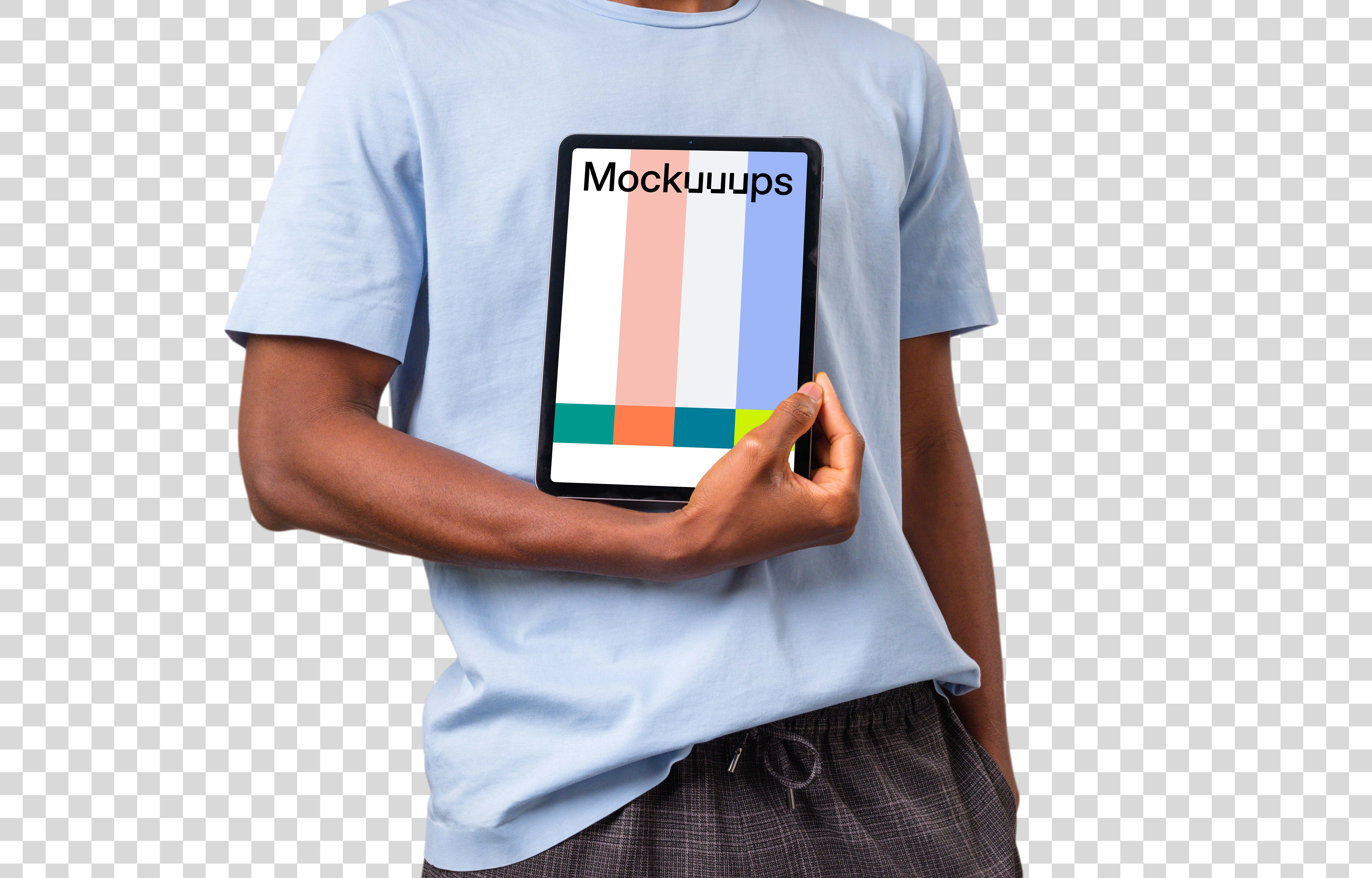 Man standing and holding iPad mockup