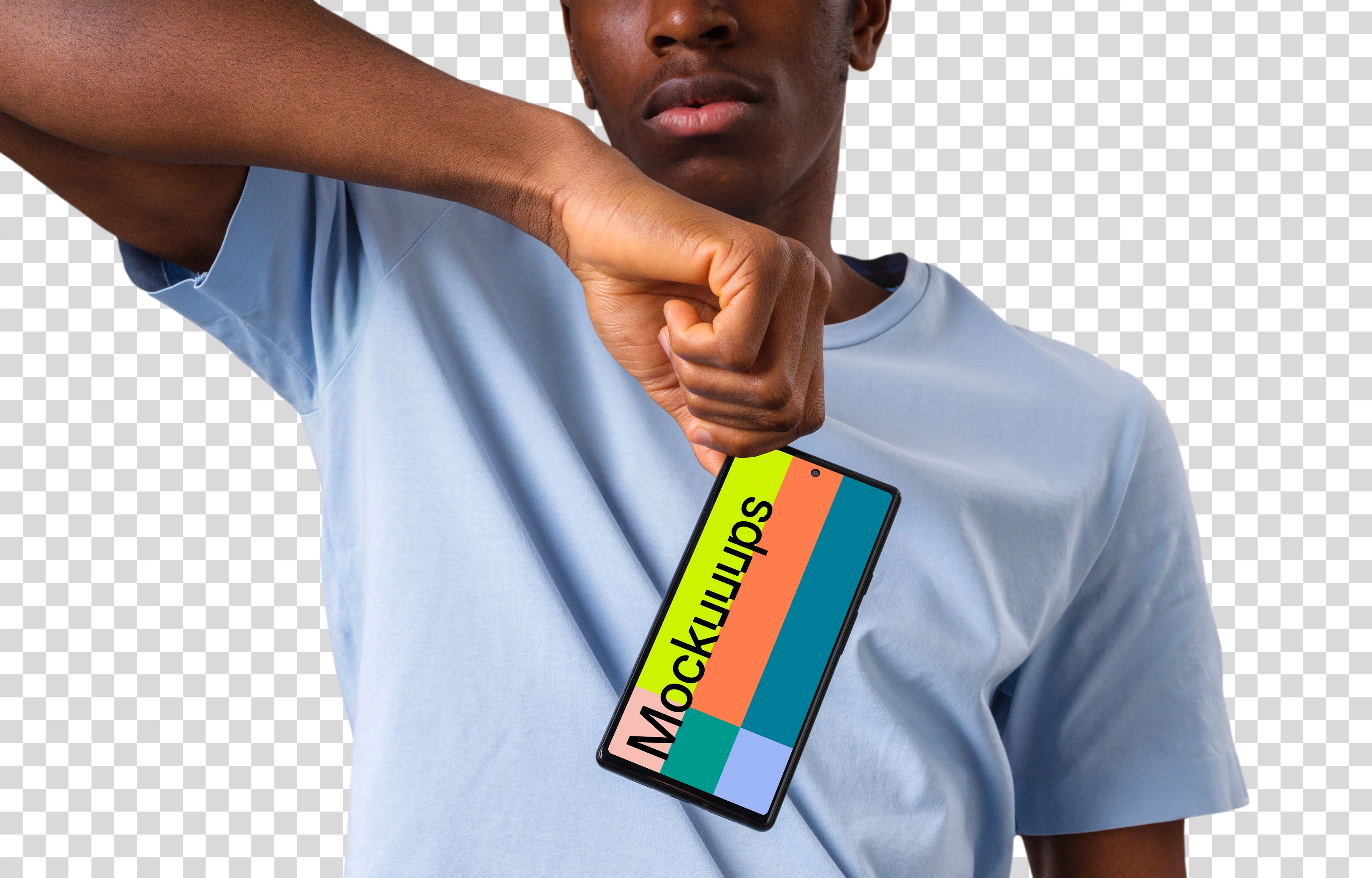 Man touching the top corner on the Google Pixel mockup