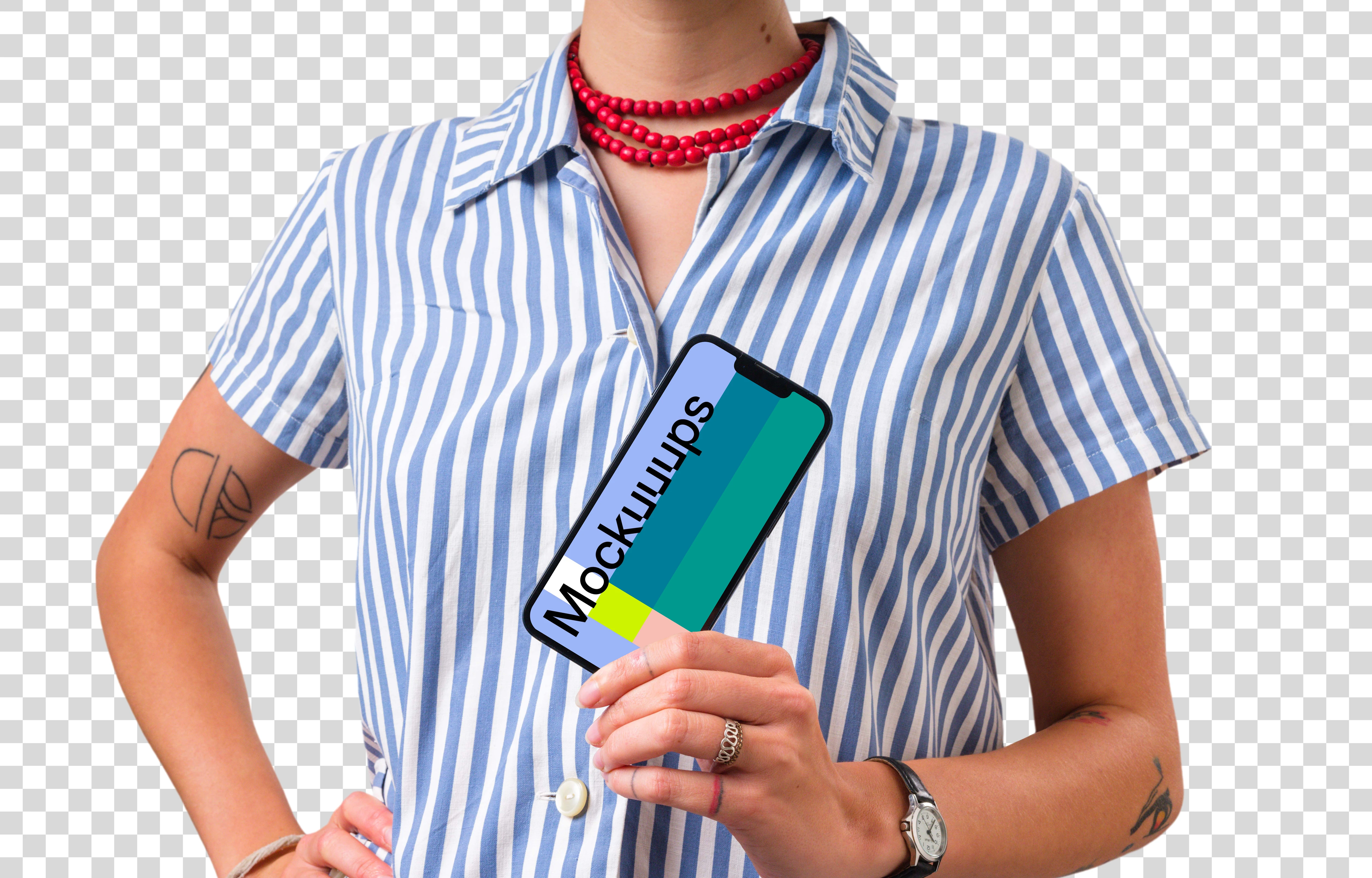 Woman showing the app on the iPhone mockup
