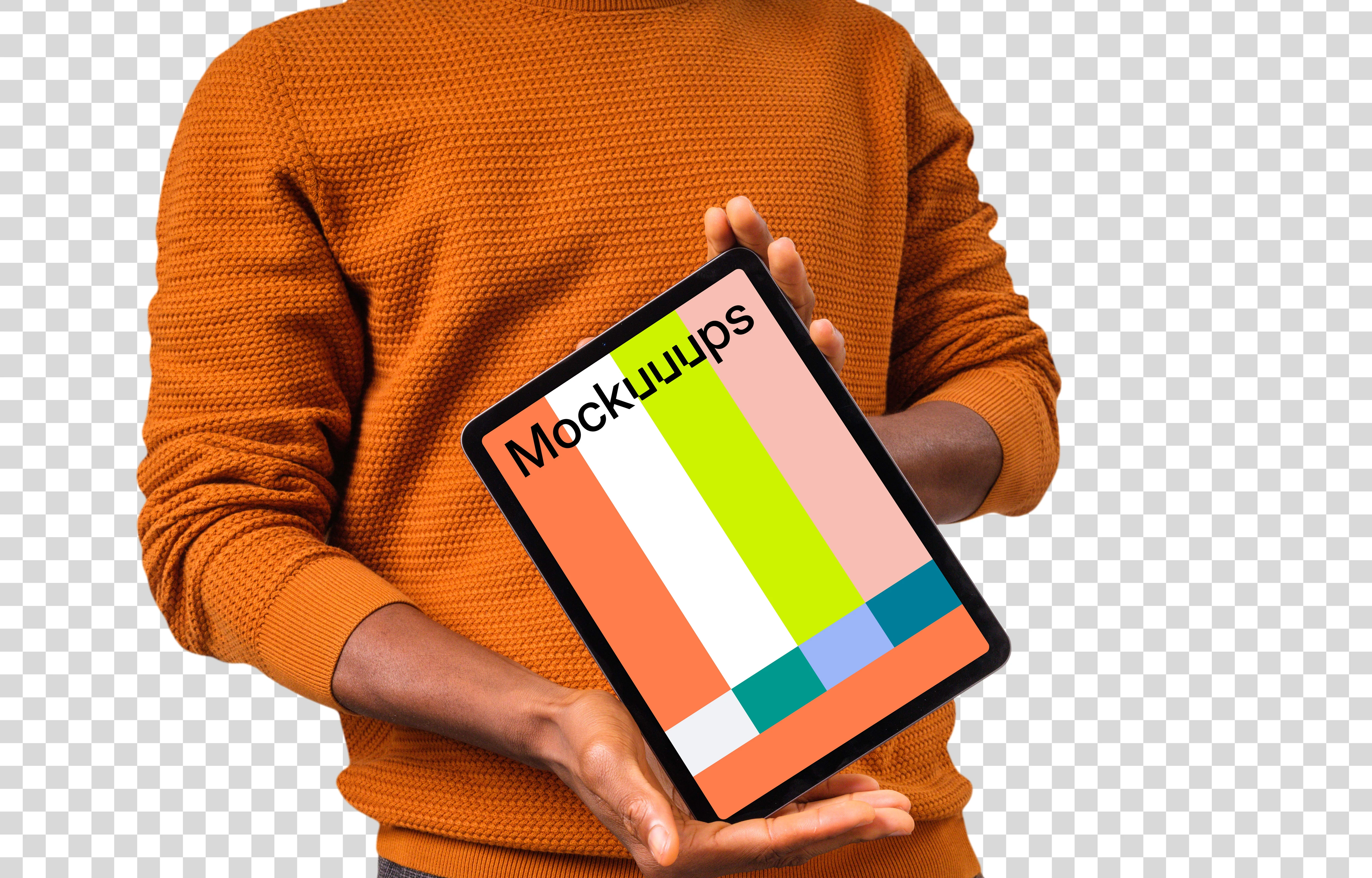 Mockup of iPad held by man in orange sweater