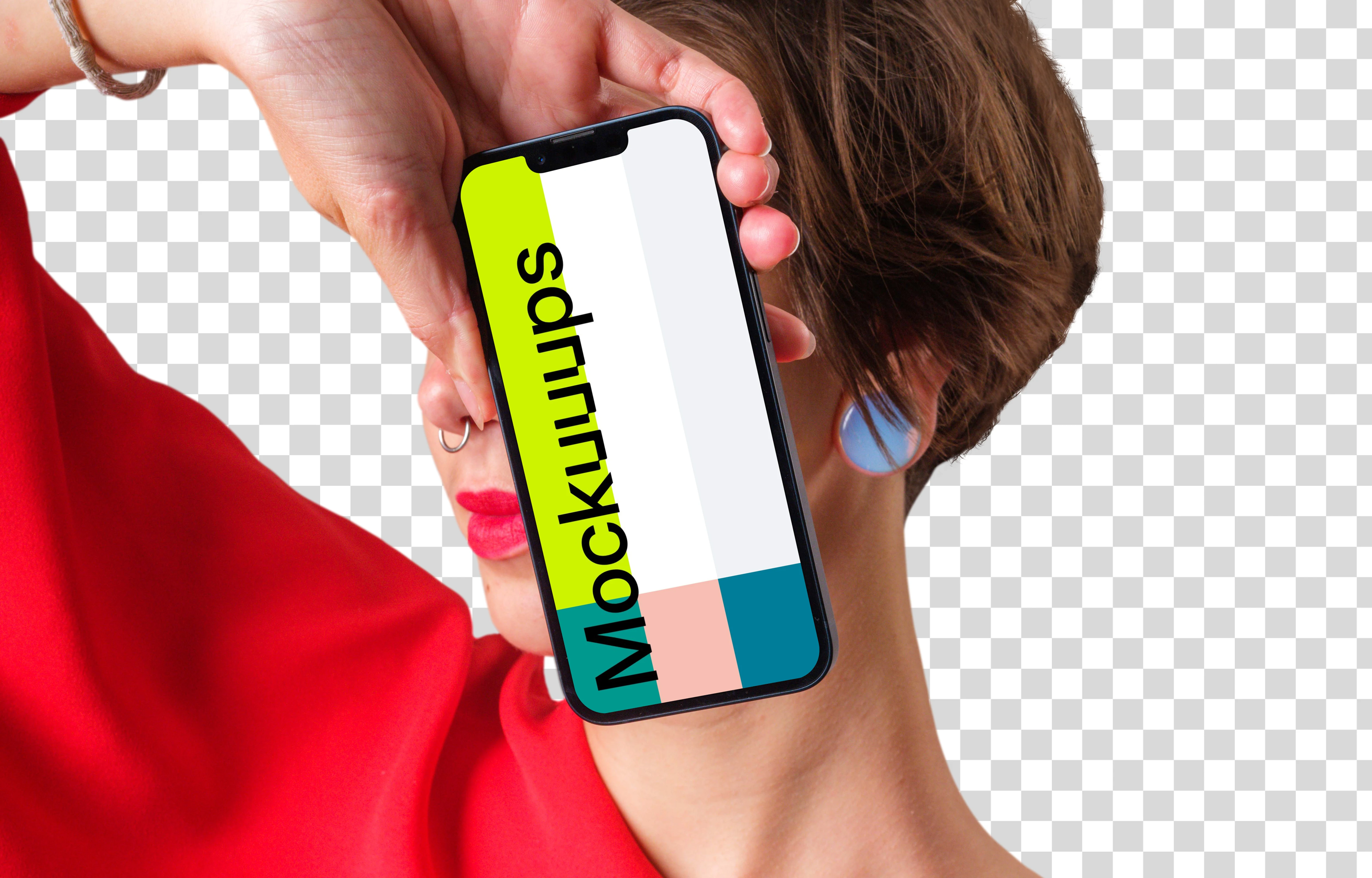 Mockup of iPhone next to the woman's face