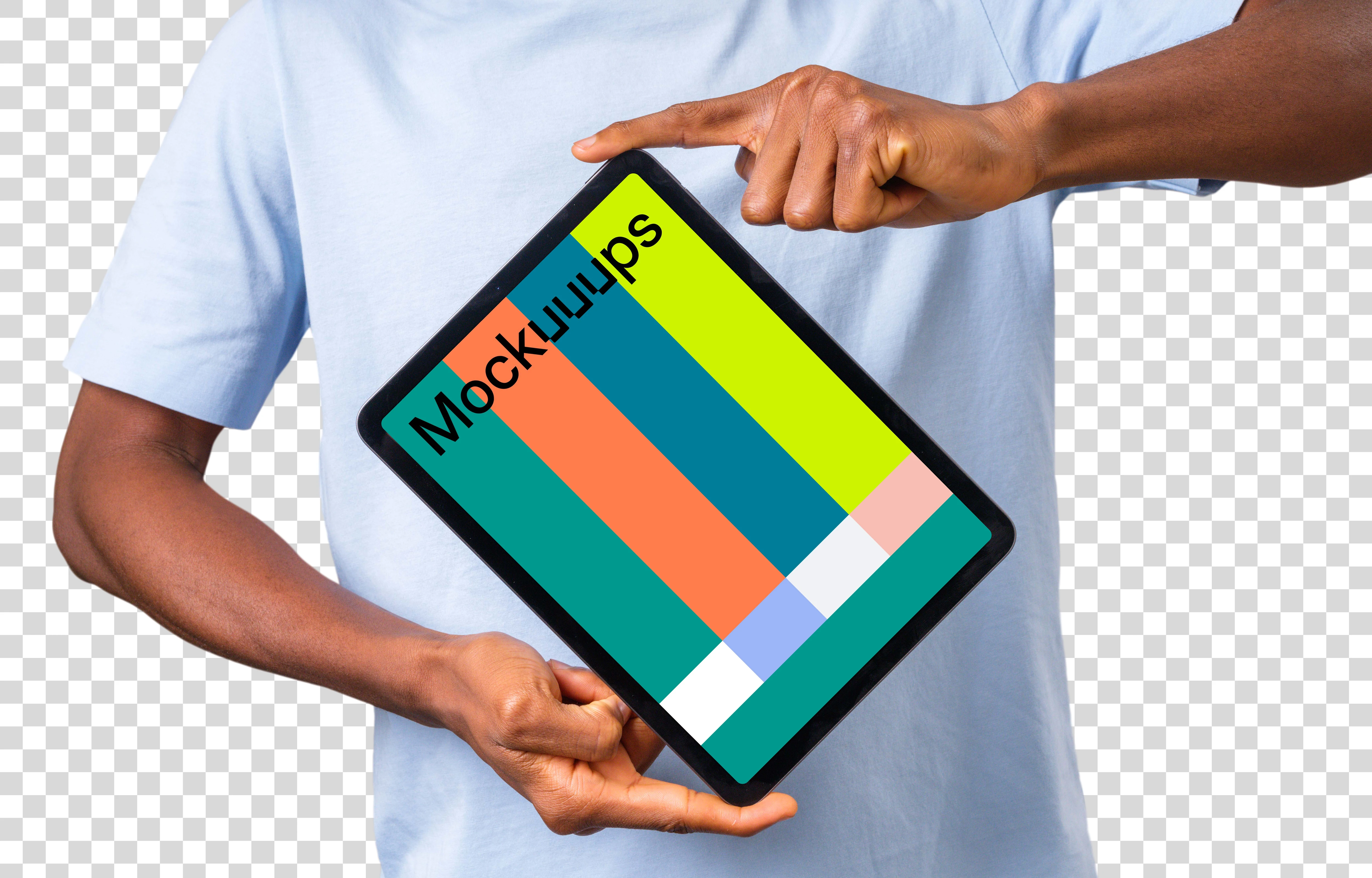 Mockup of rotated iPad mockup touching by fingers