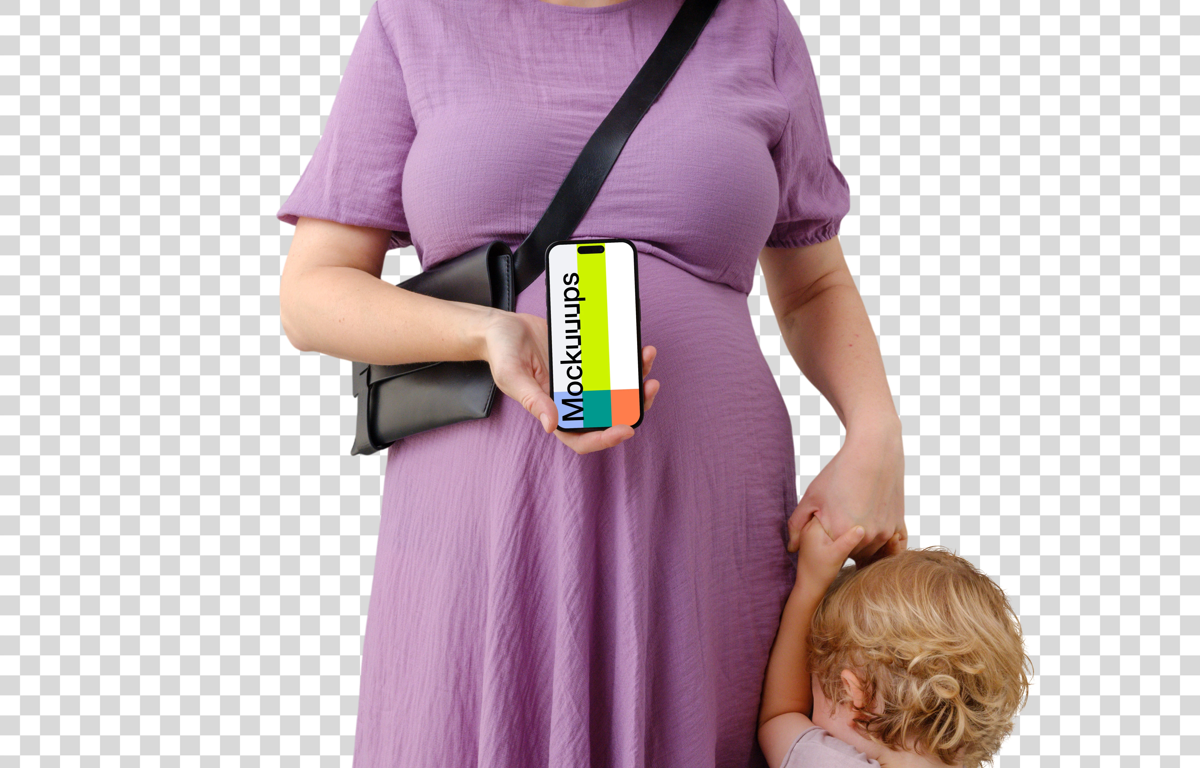 Mother with a child and an iPhone mockup