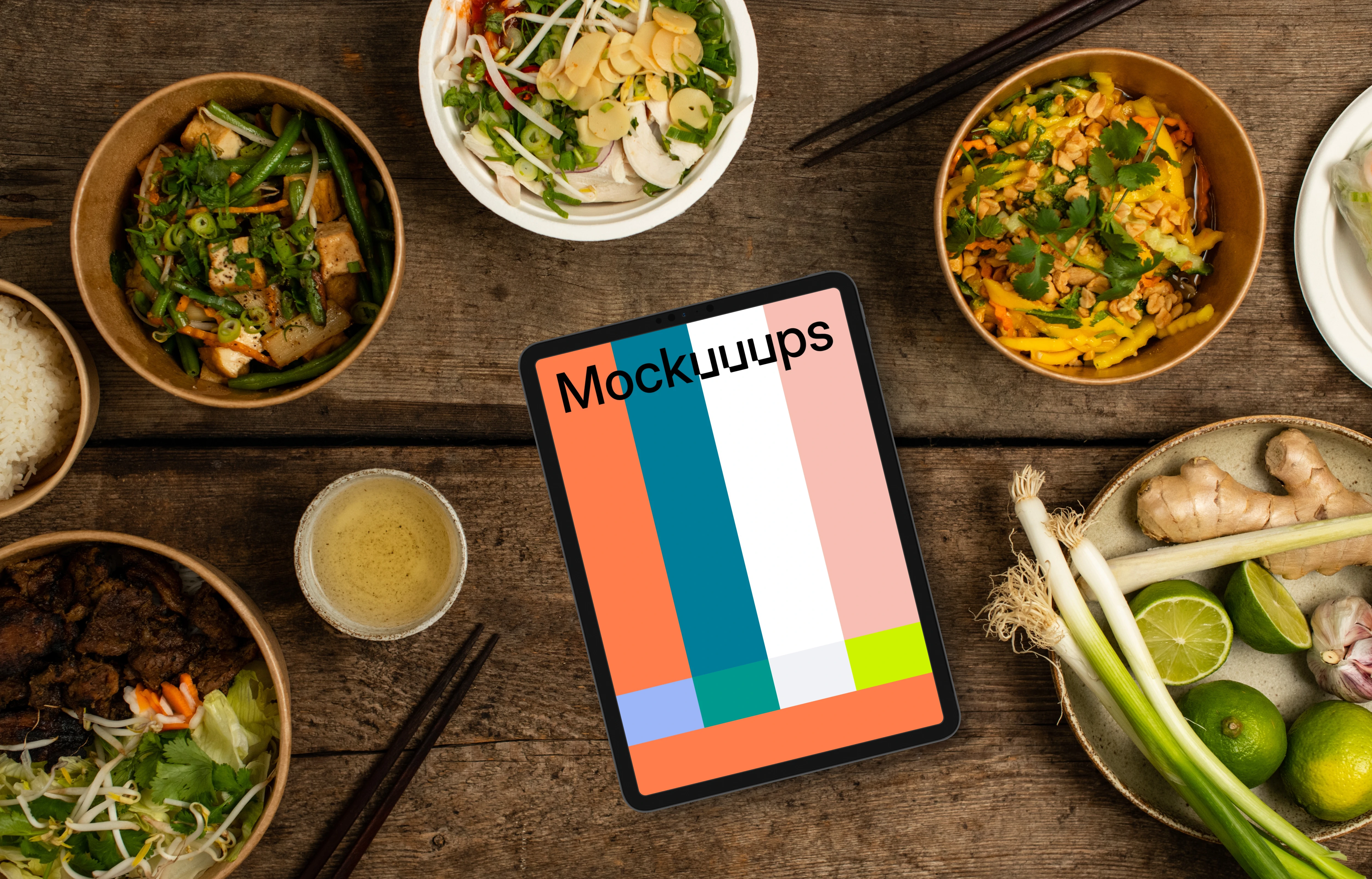 Tablet mockup in the middle of Vietnamese cuisine dishes
