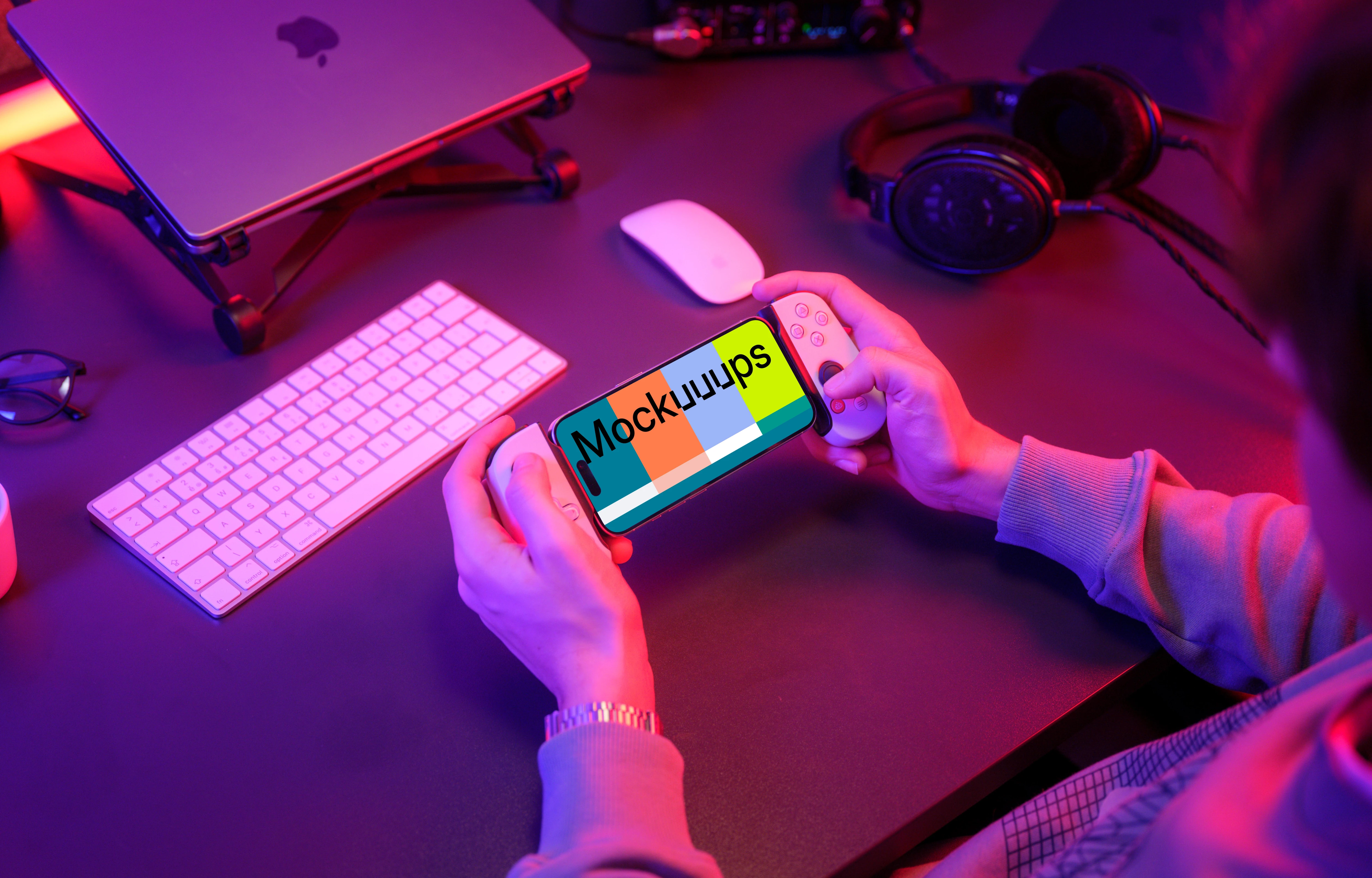 iPhone 15 Pro mockup with gaming setup