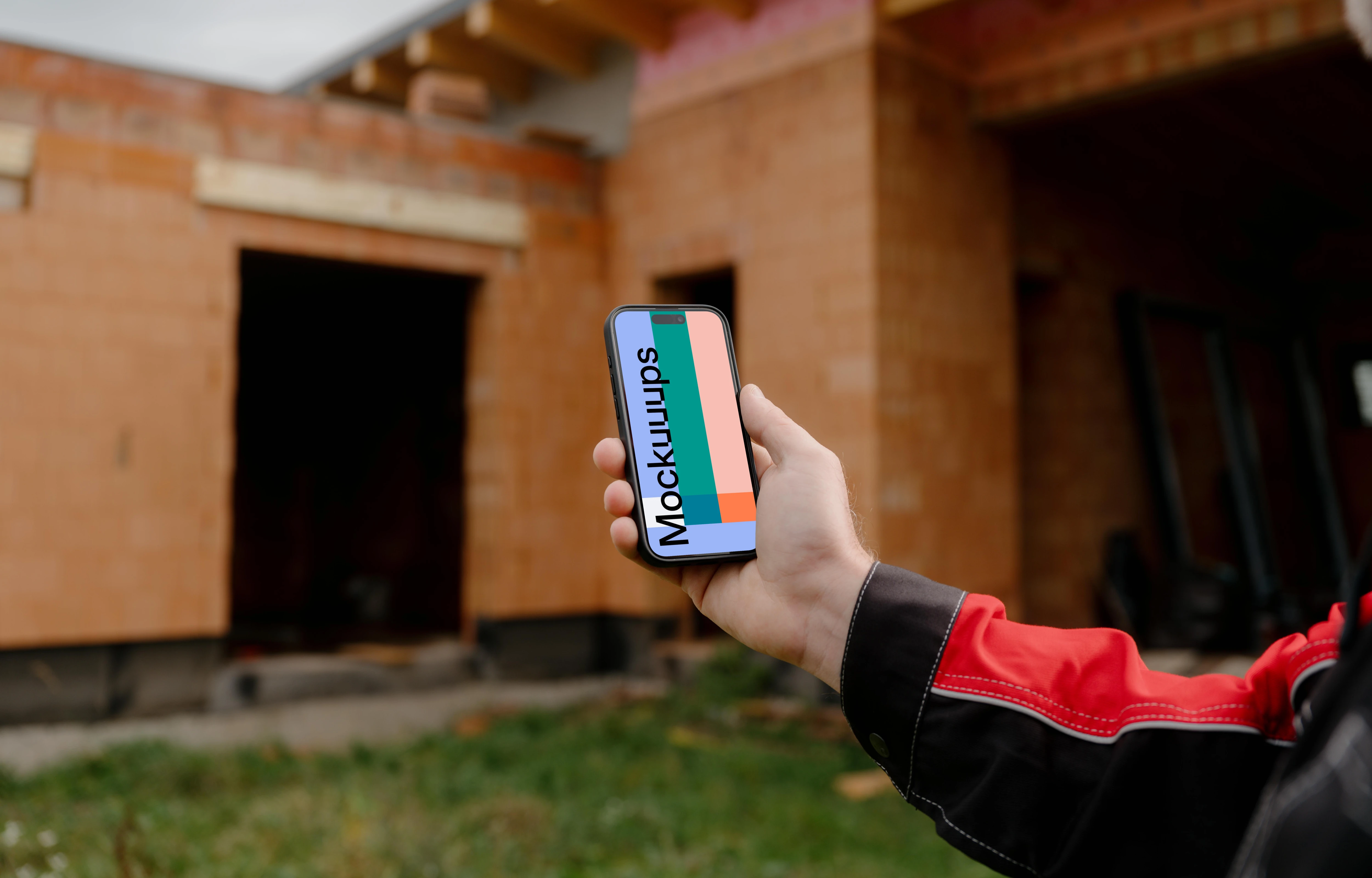 Construction worker with an iPhone 15 Pro mockup
