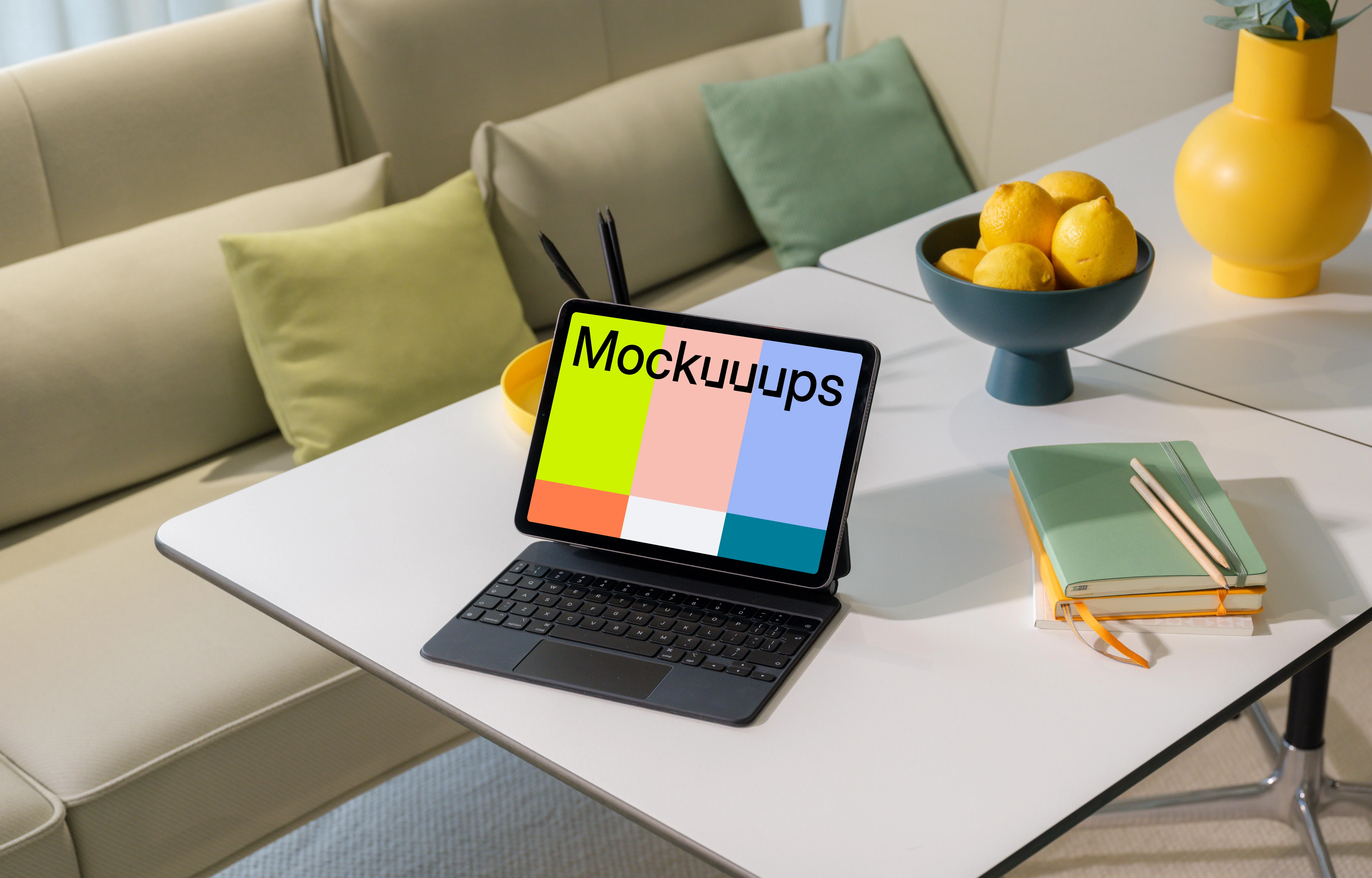 iPad Air mockup with keyboard on a modern living room table