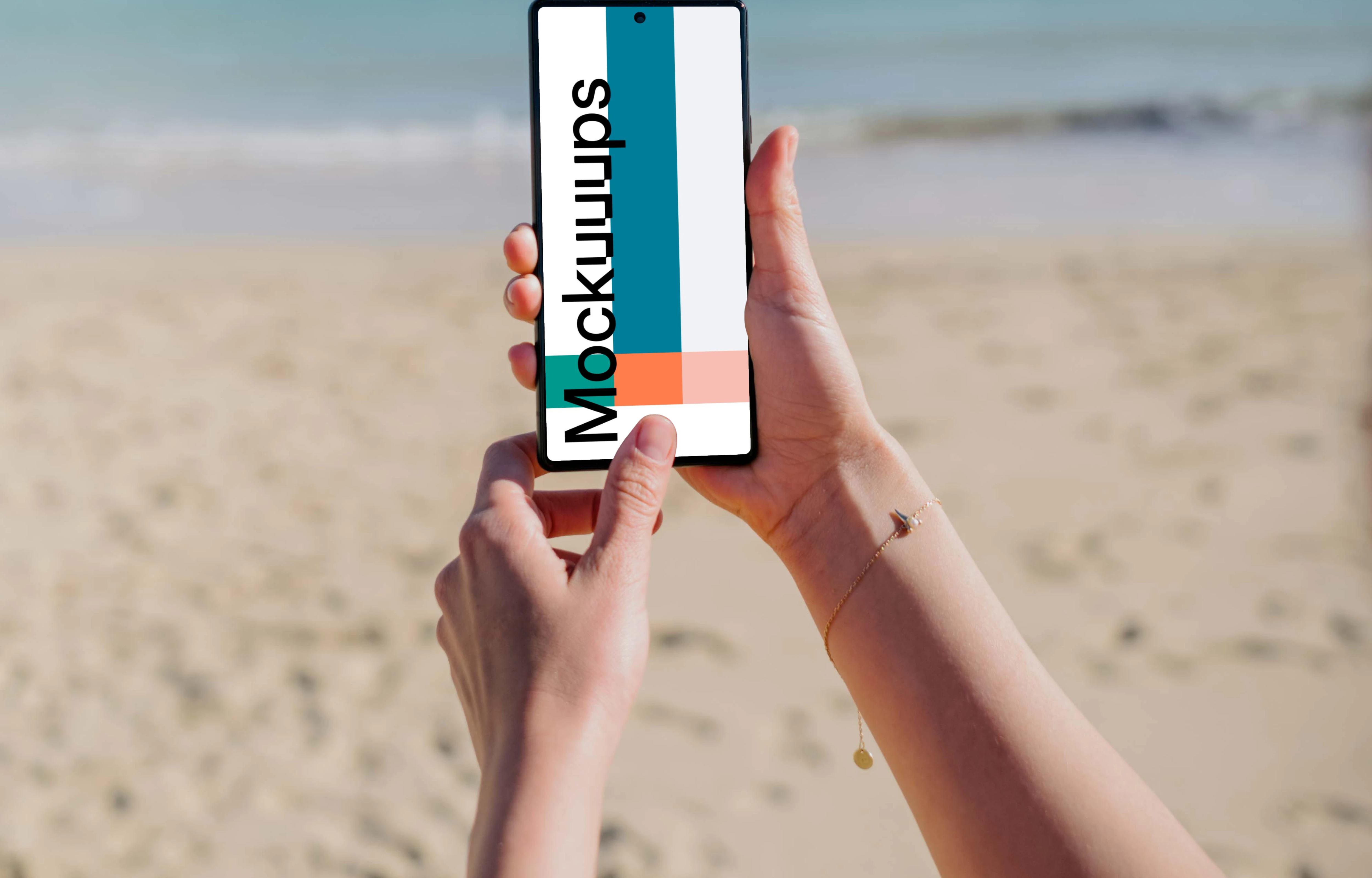 Pixel 6 mockup held by a user on a beach