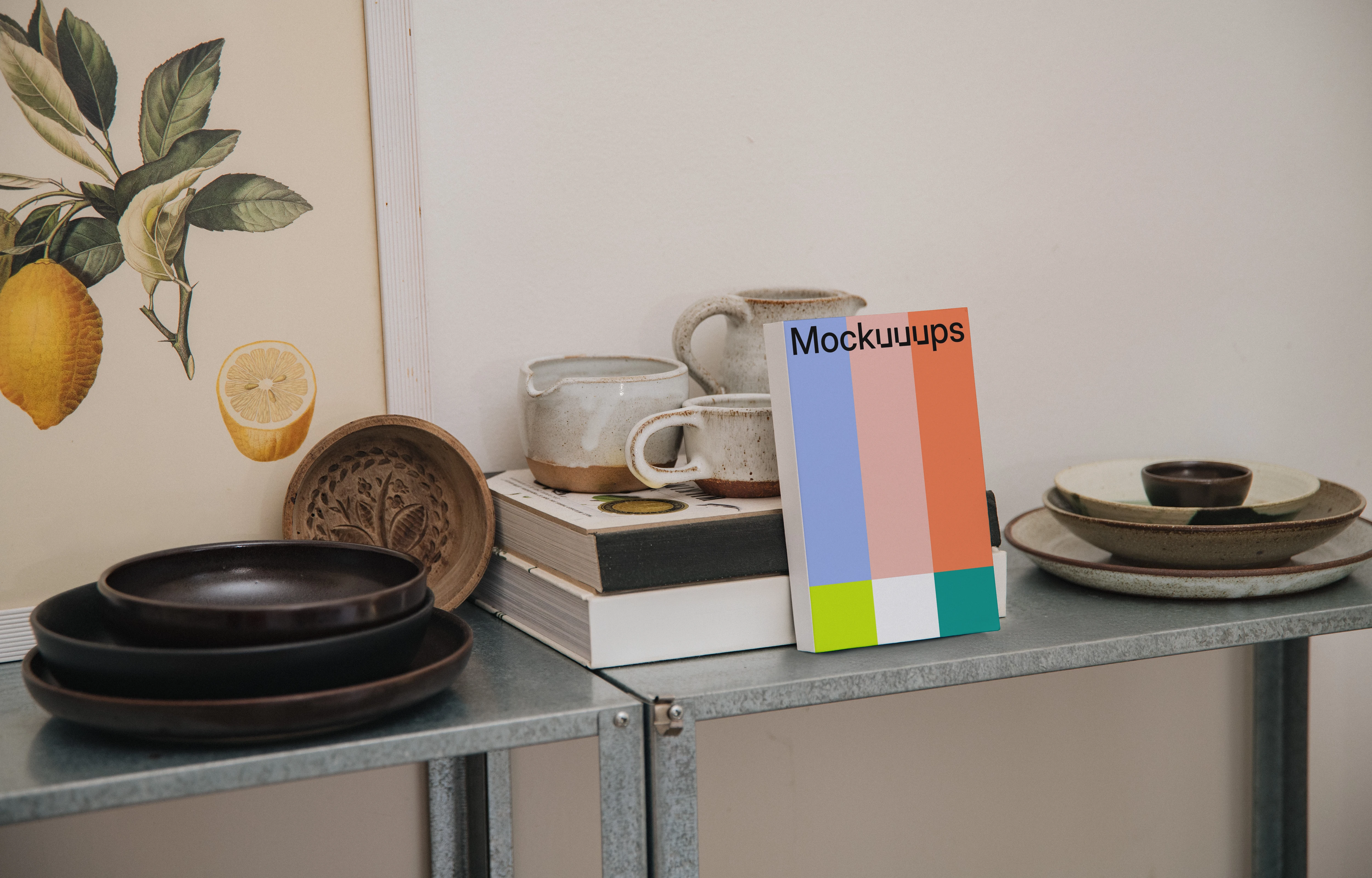 Paperback book mockup on a rustic kitchen shelf