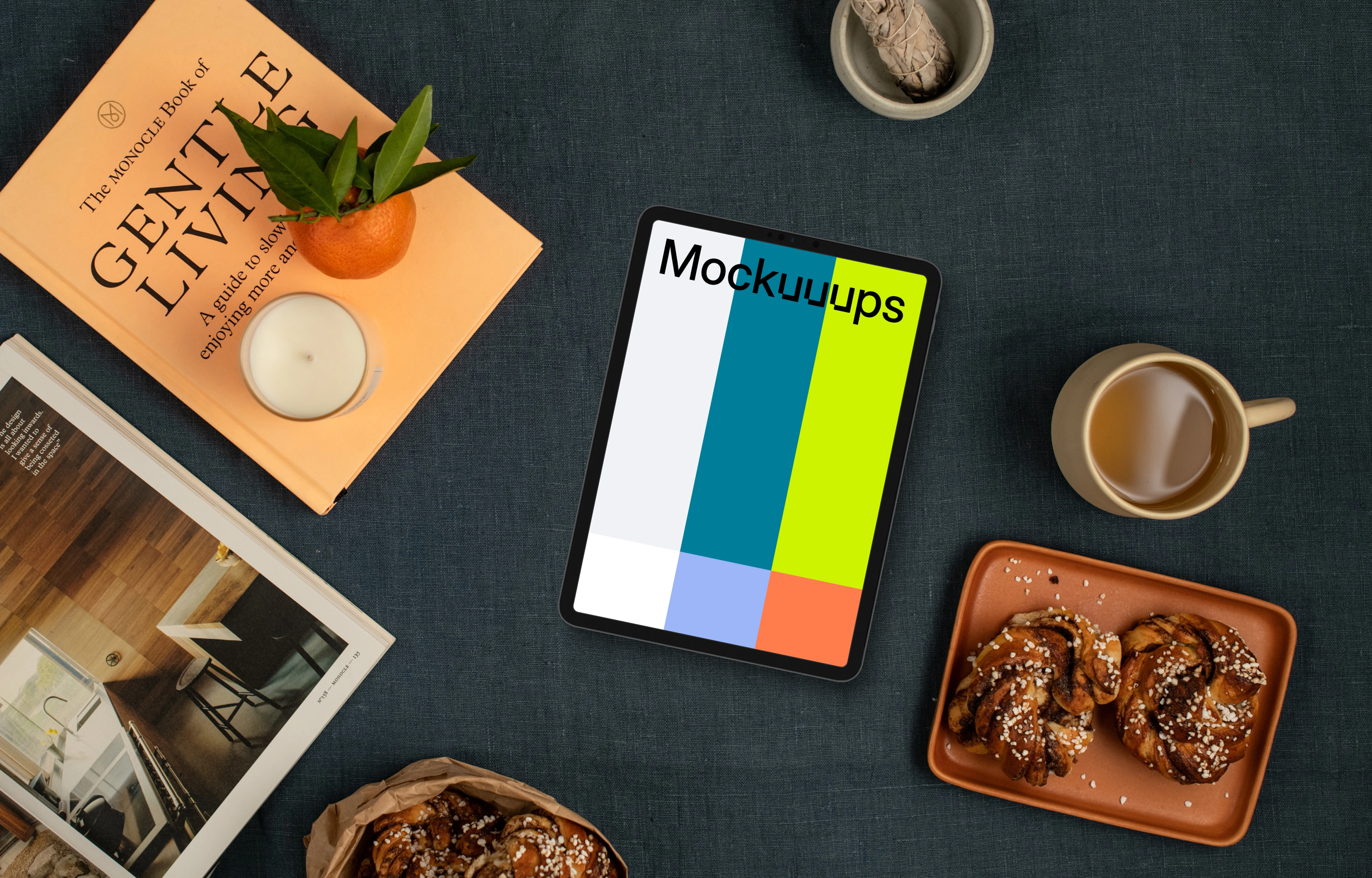 Pastries around tablet mockup