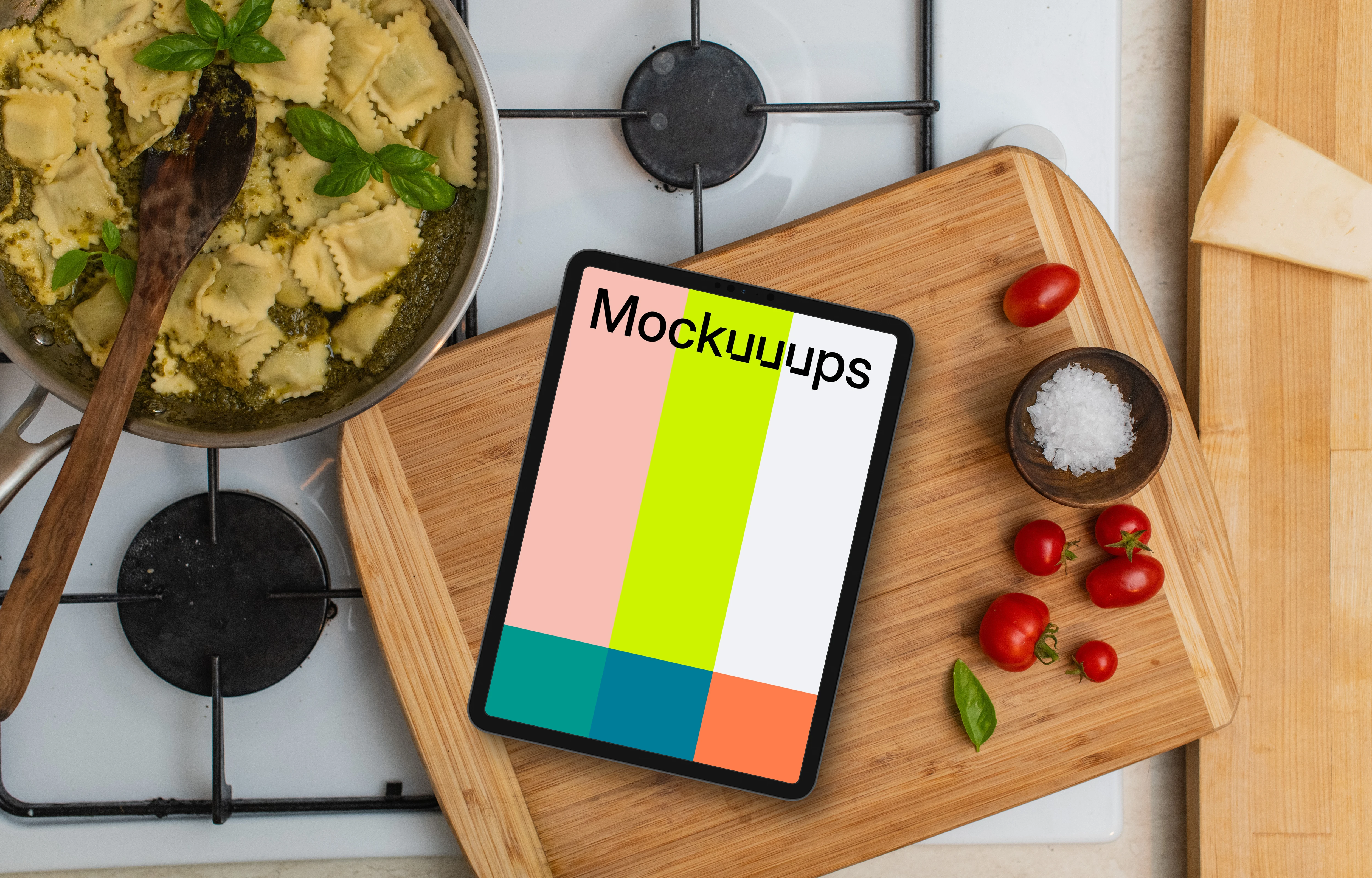 Pesto pasta with a iPad mockup