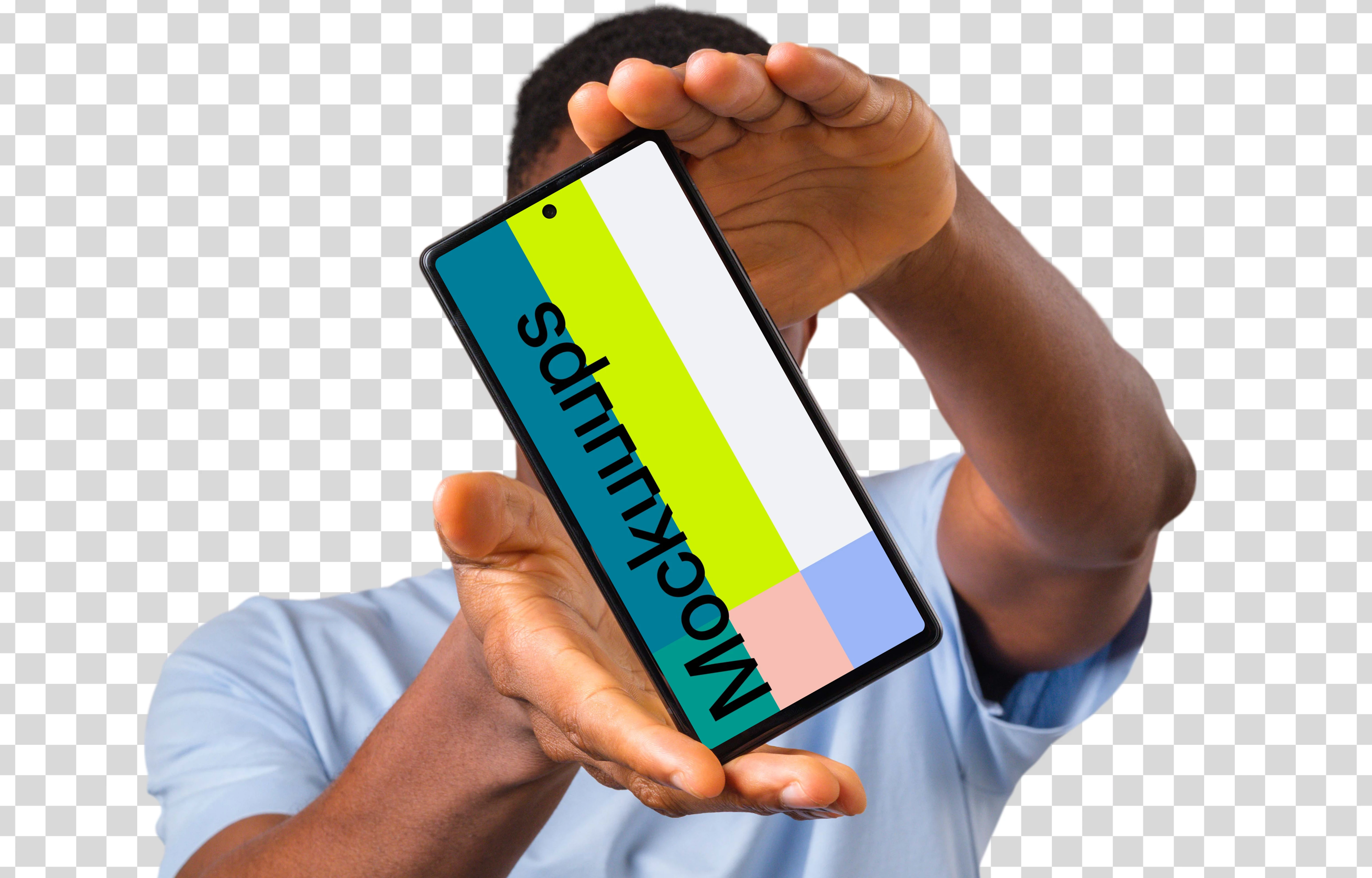 Mockup of rotated Google Pixel held by man in light shirt