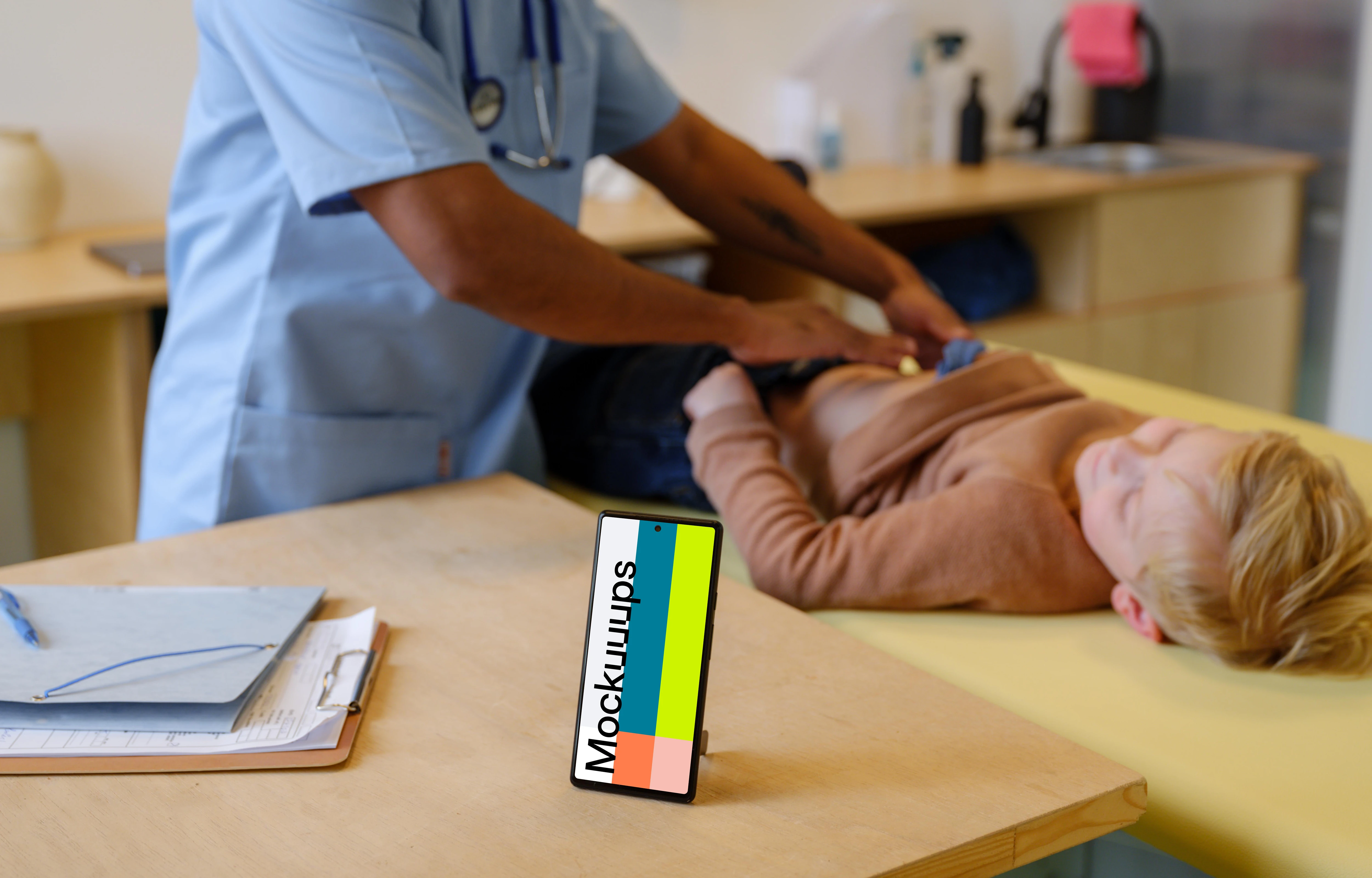 Phone mockup in the children's doctor's office