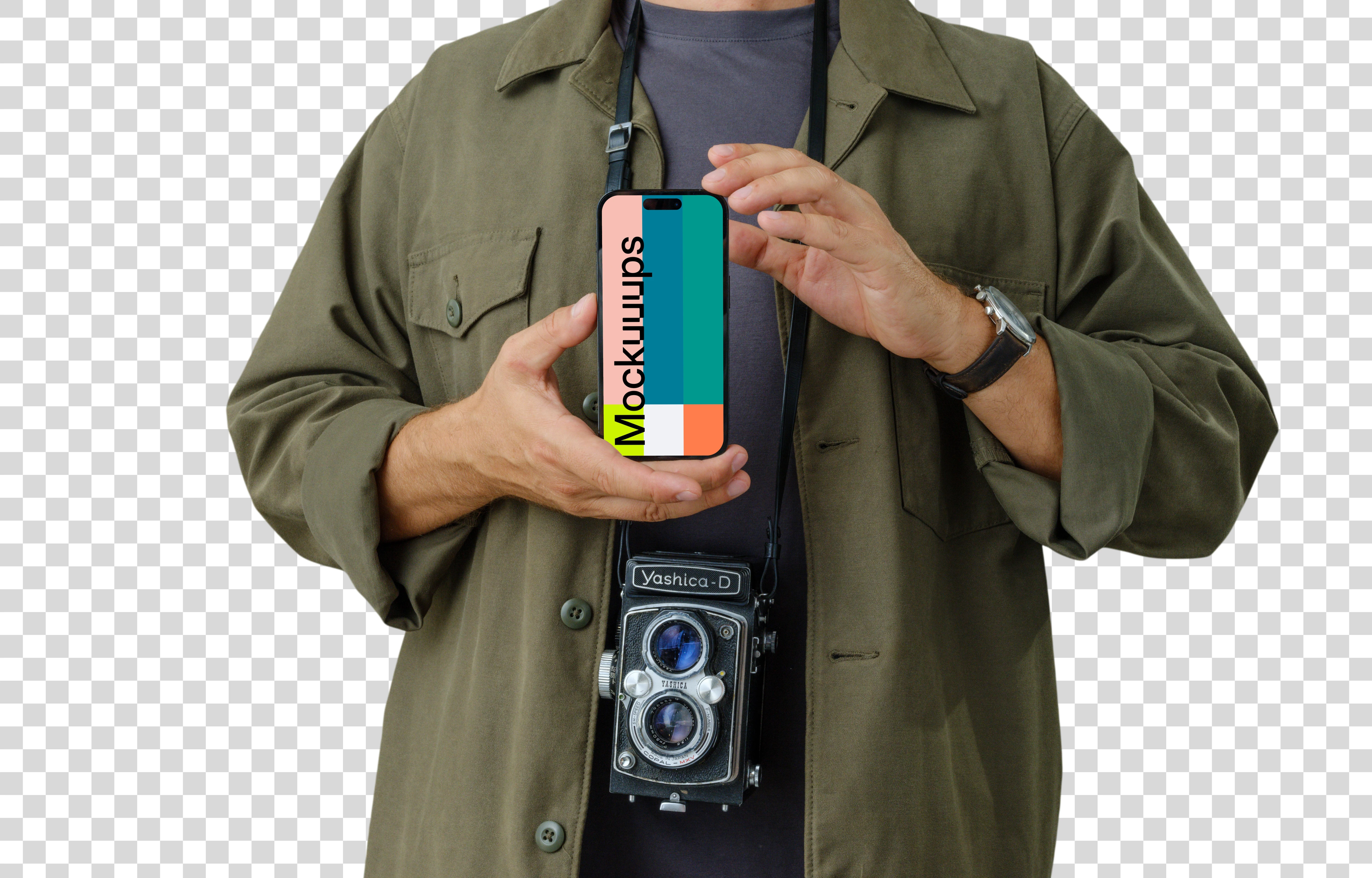 Photographer holding an iPhone 14 Pro mockup