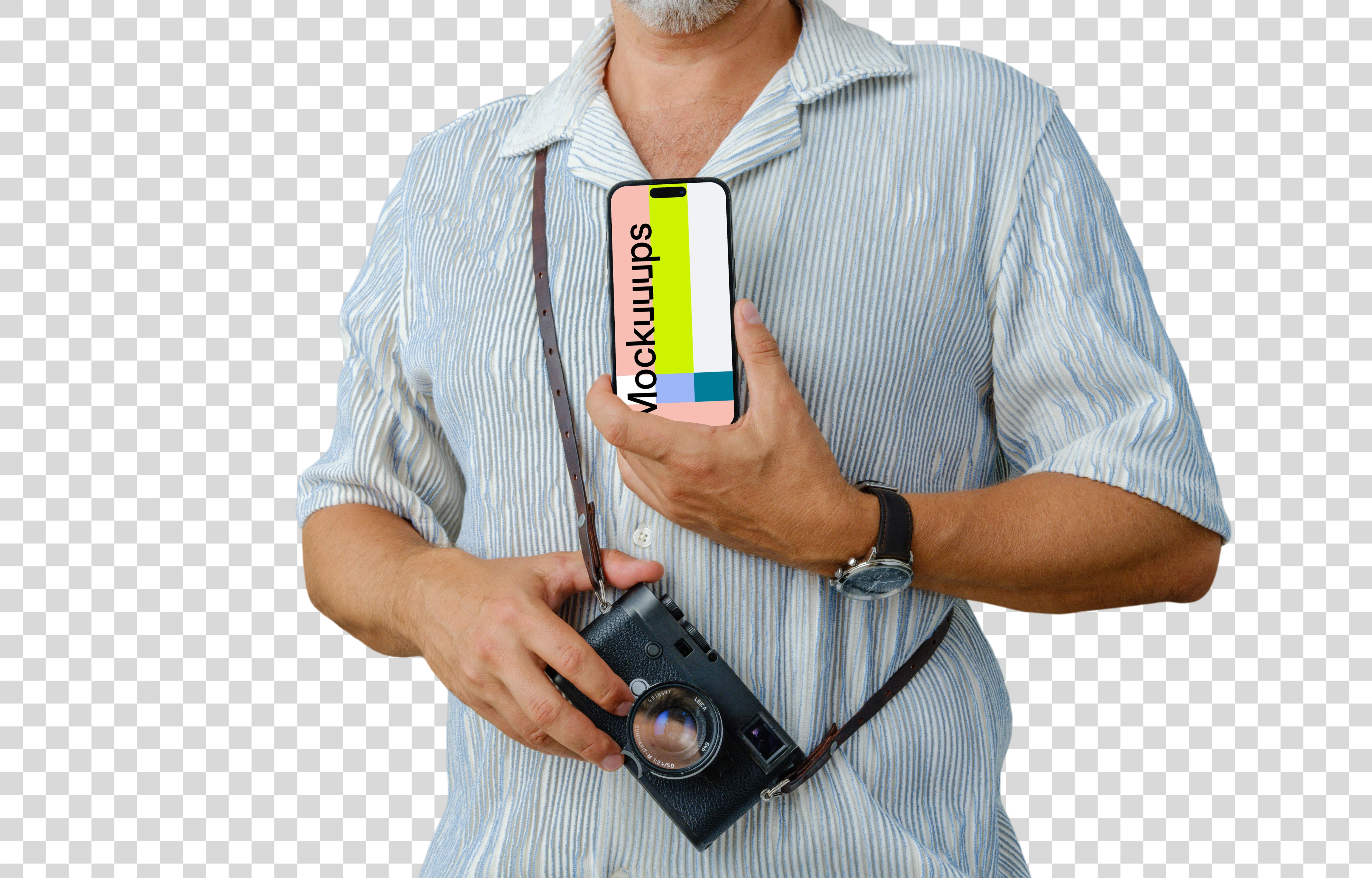 Picture taker holding an iPhone mockup