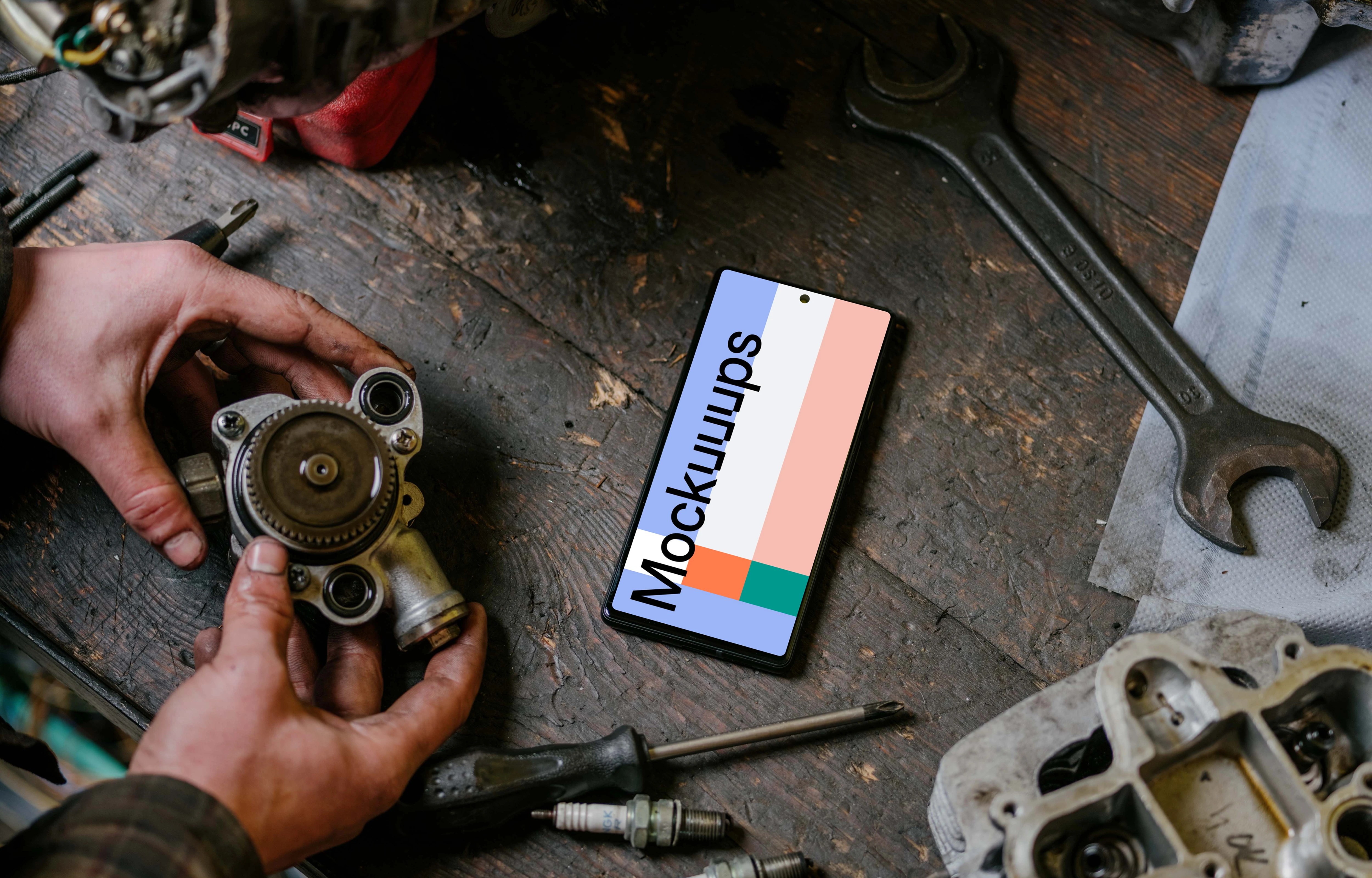 Pixel 6 mockup in front of a man seating at a workbench