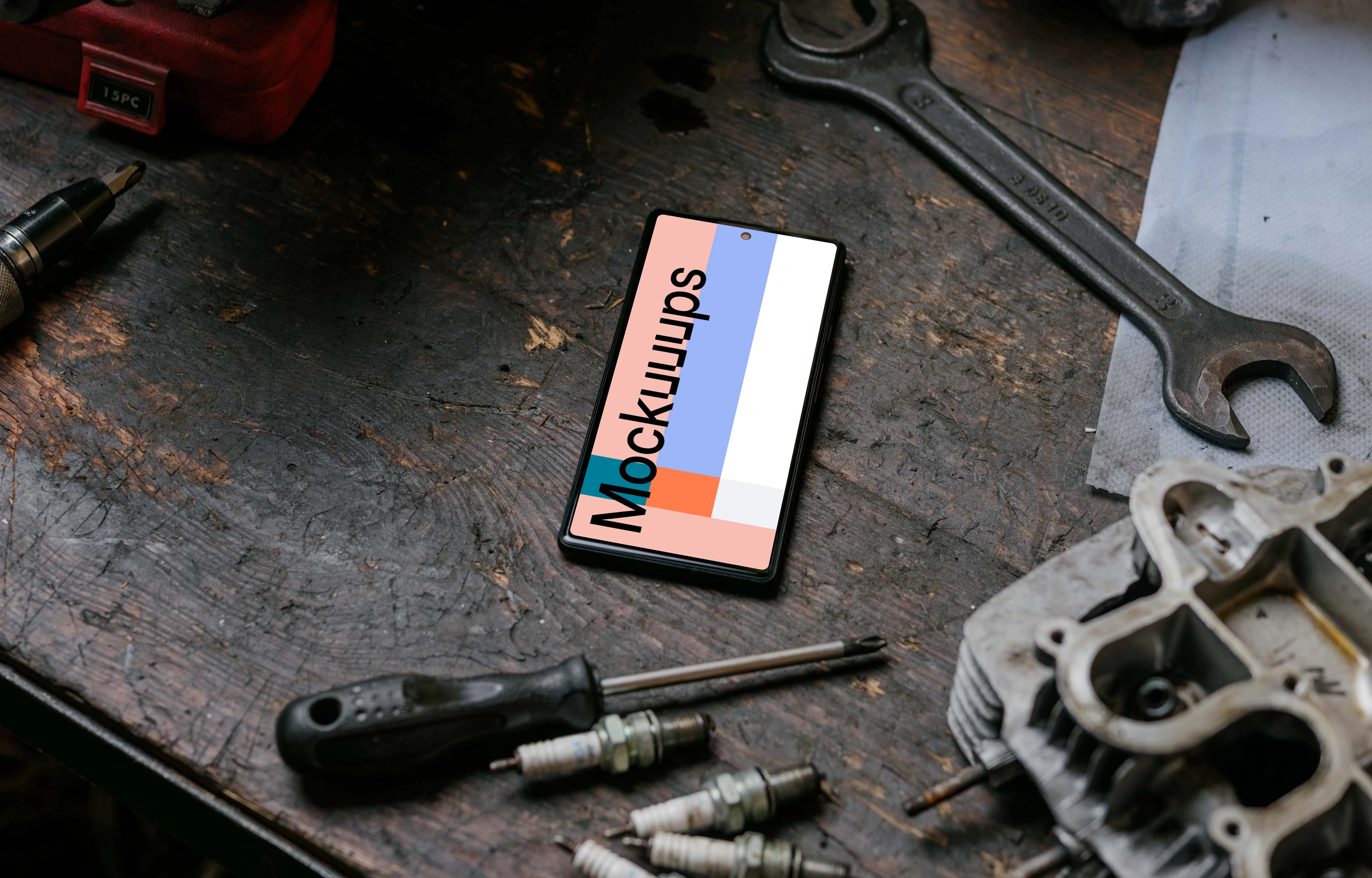 Pixel 6 mockup placed on a workbench