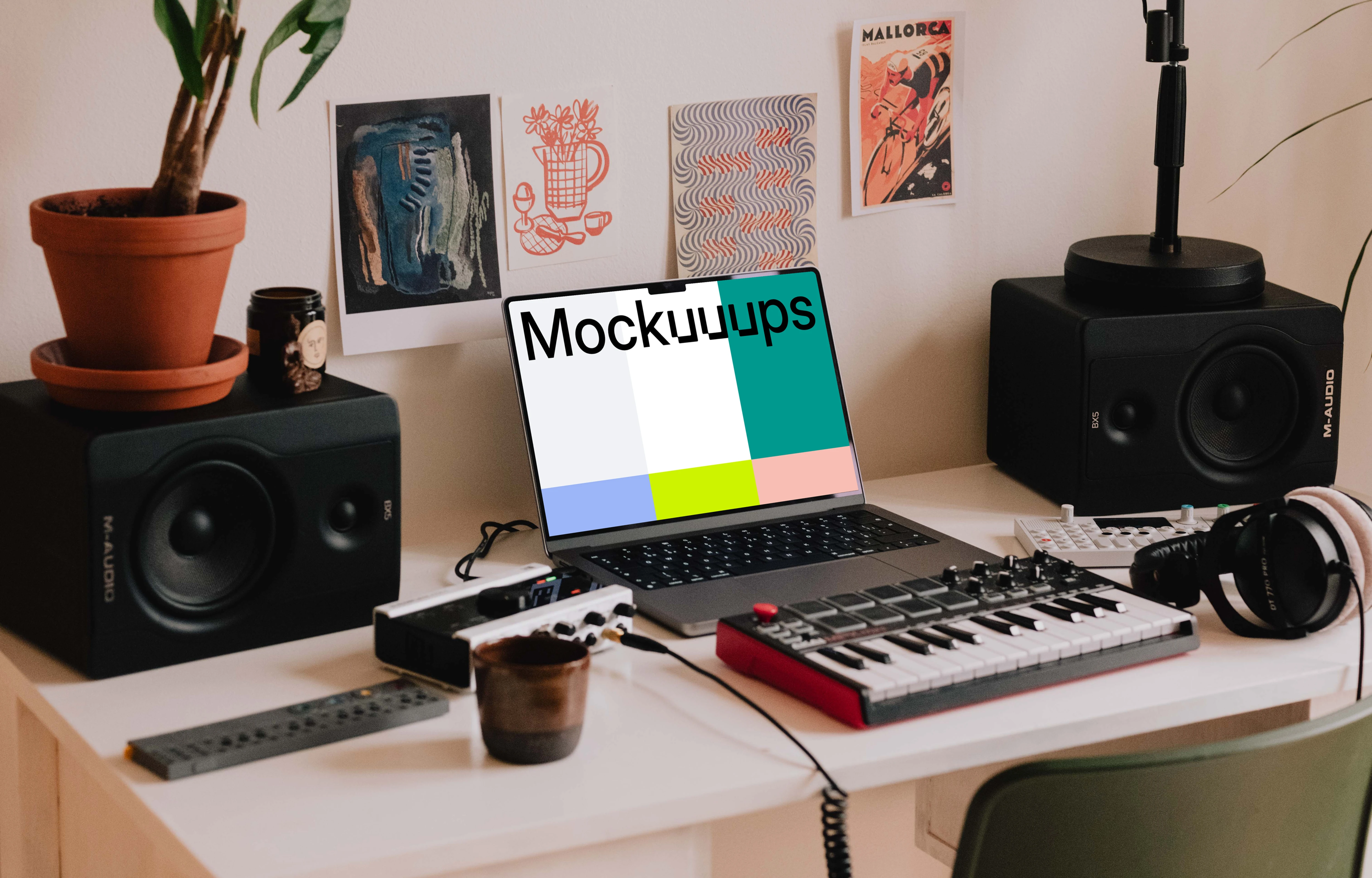 Podcast studio mockup with MacBook Pro