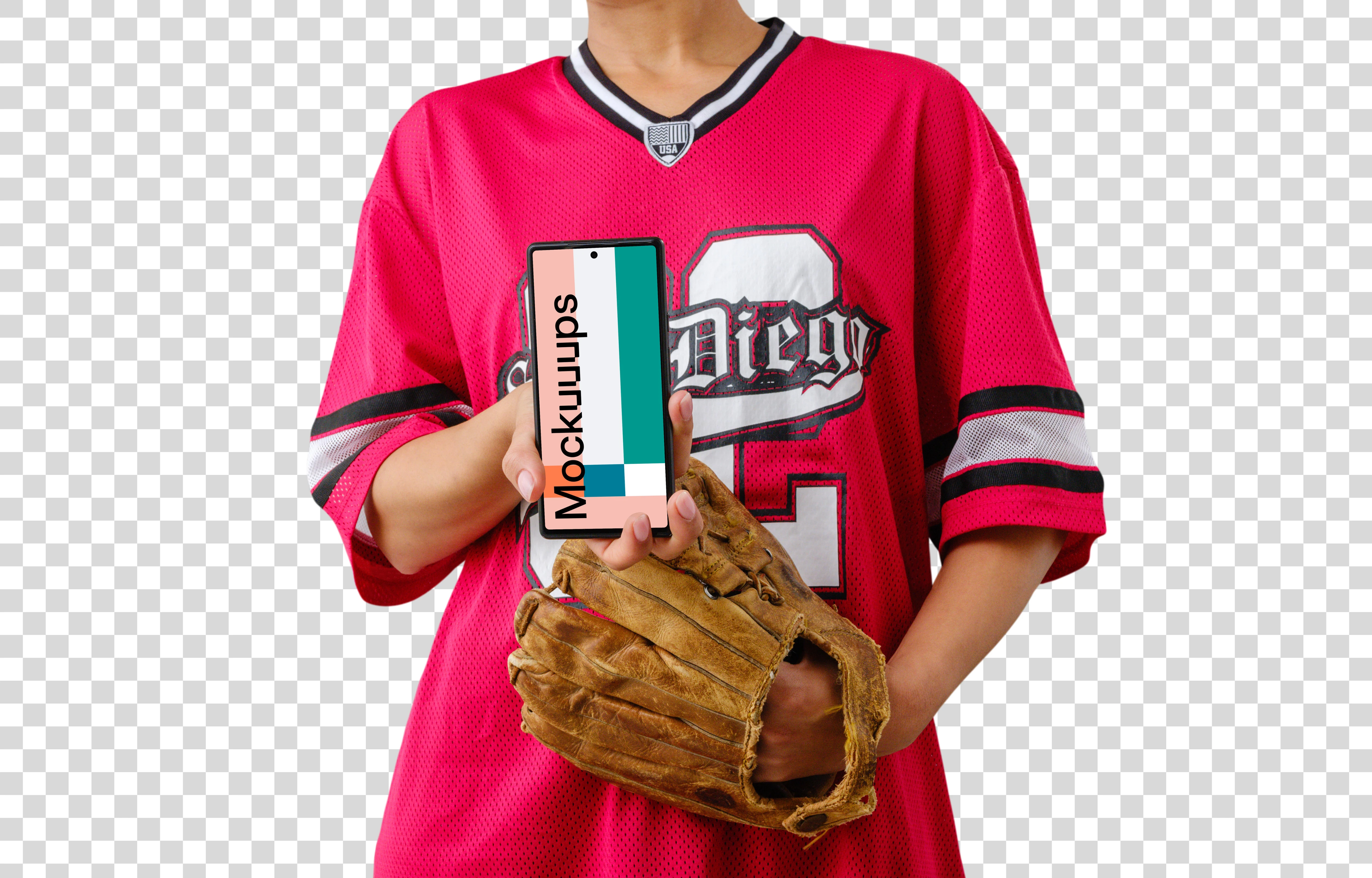 Member of the baseball team with a smartphone mockup
