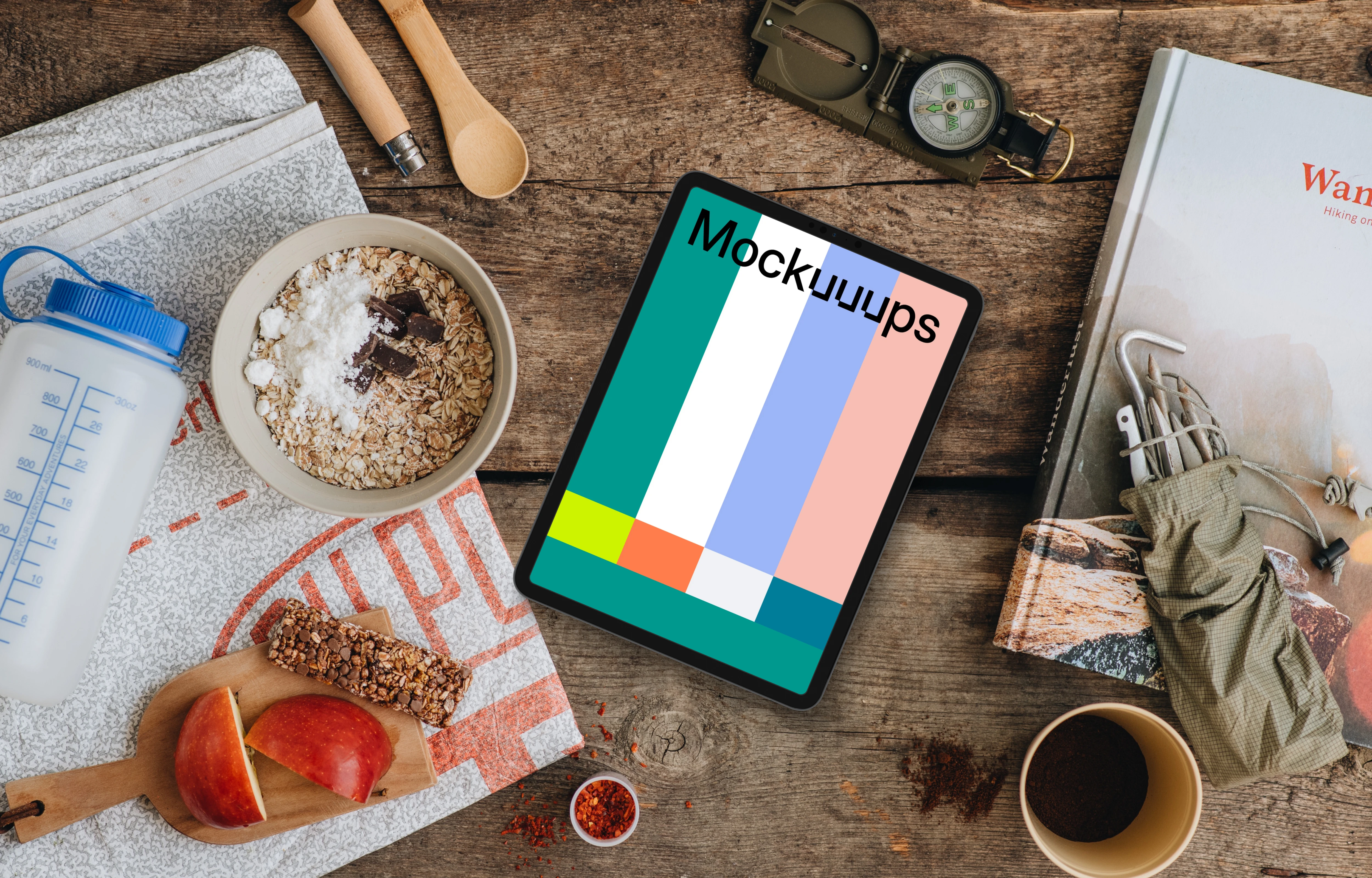 Quick snack with tablet mockup before heading on an adventure