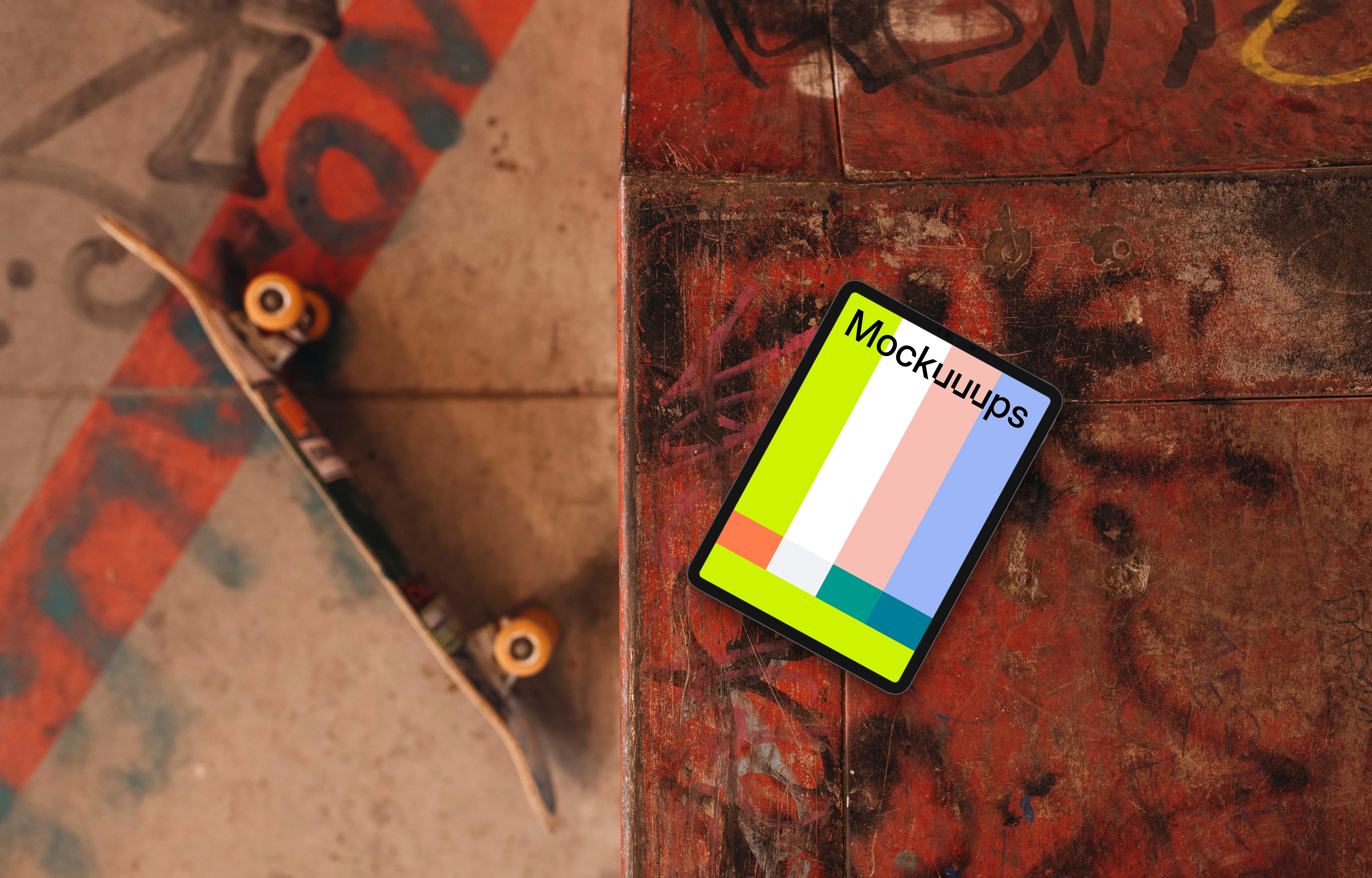 Red skatepark with tablet mockup