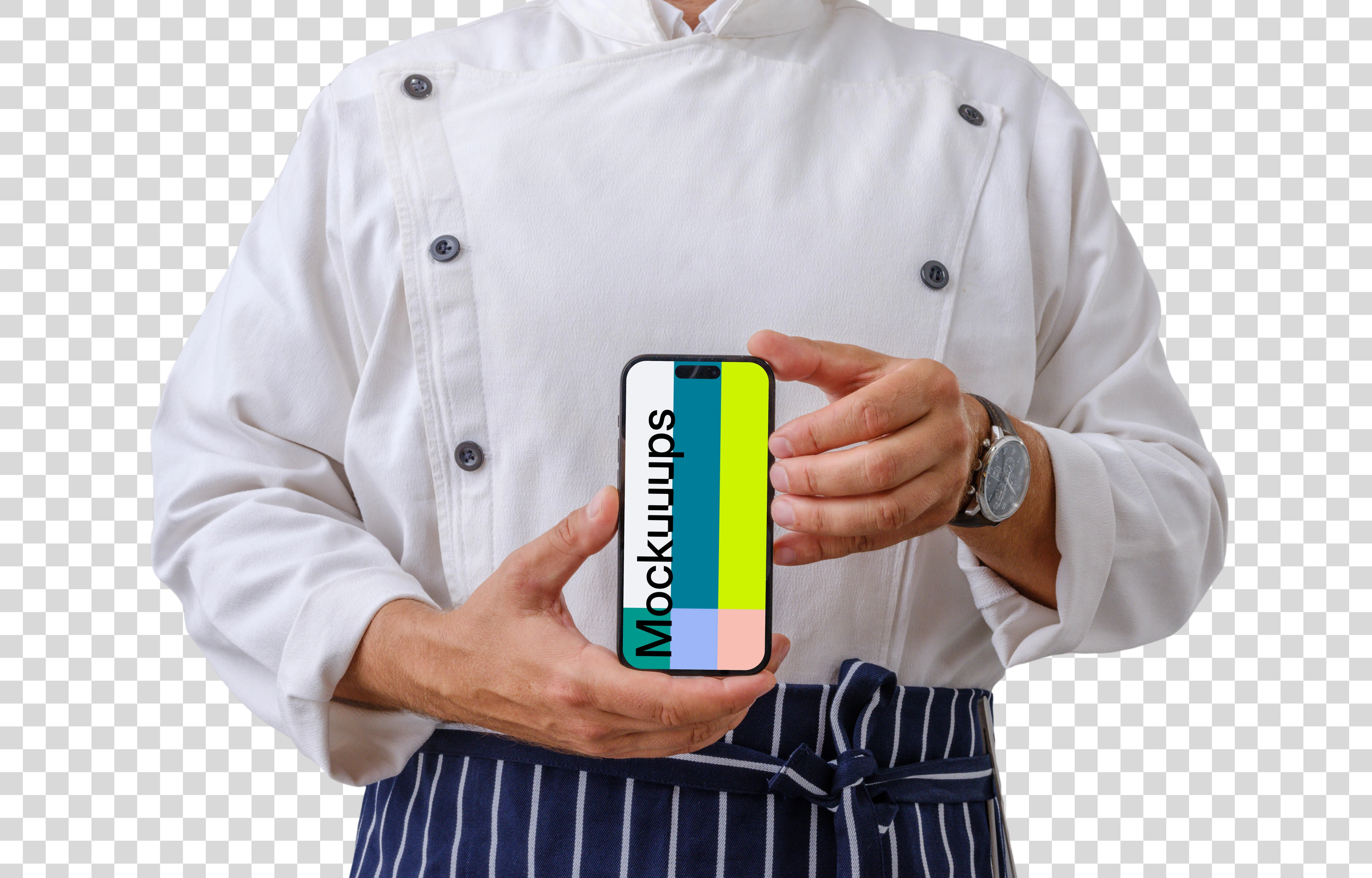 Chef confidently holding an iPhone 14 Pro mockup