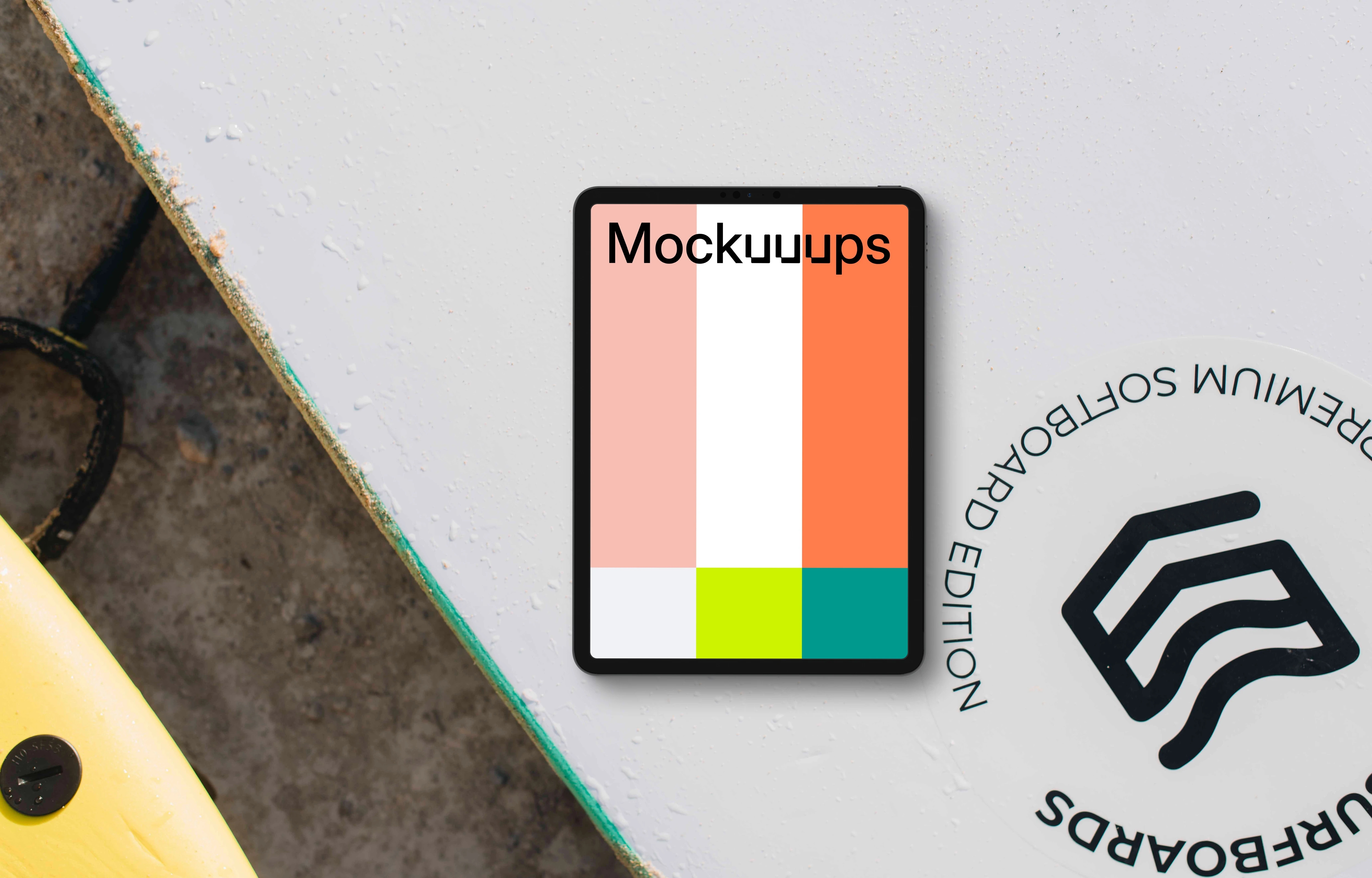 Tablet mockup on the surfboard