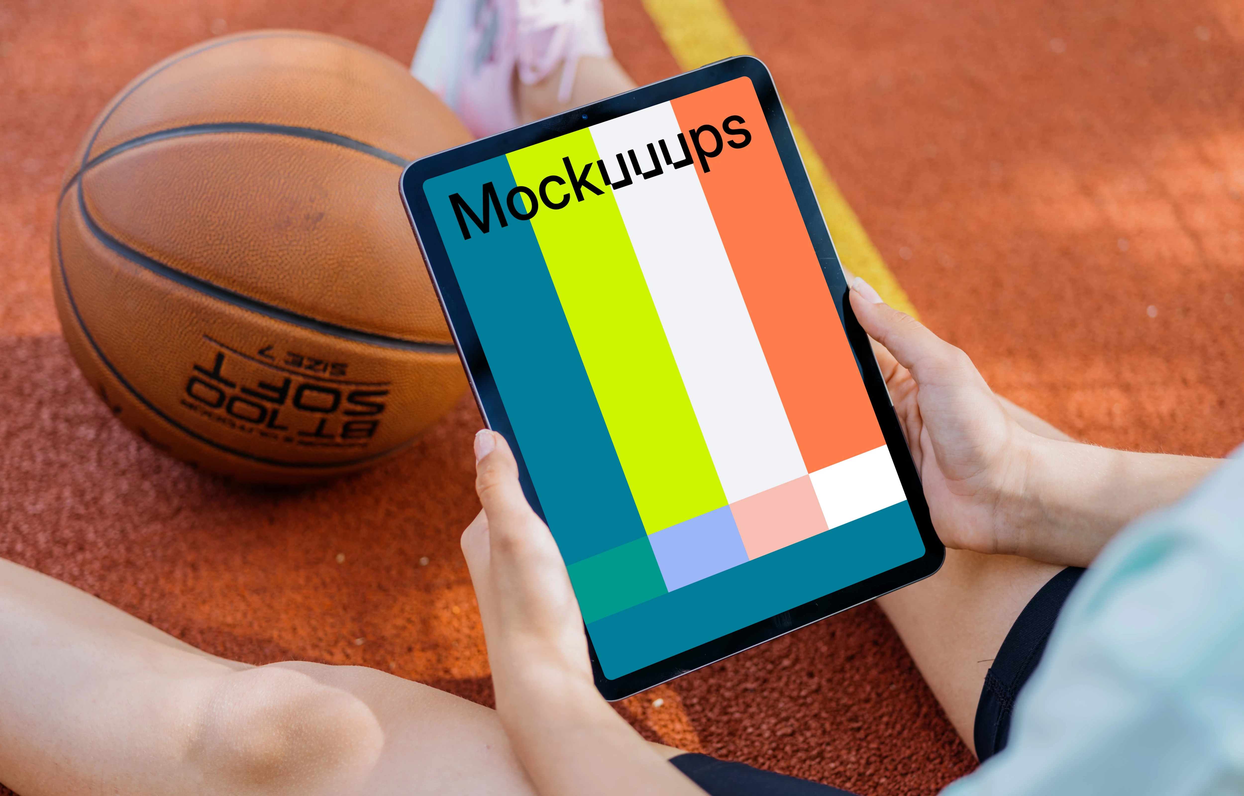 Female hands holding a tablet mockup