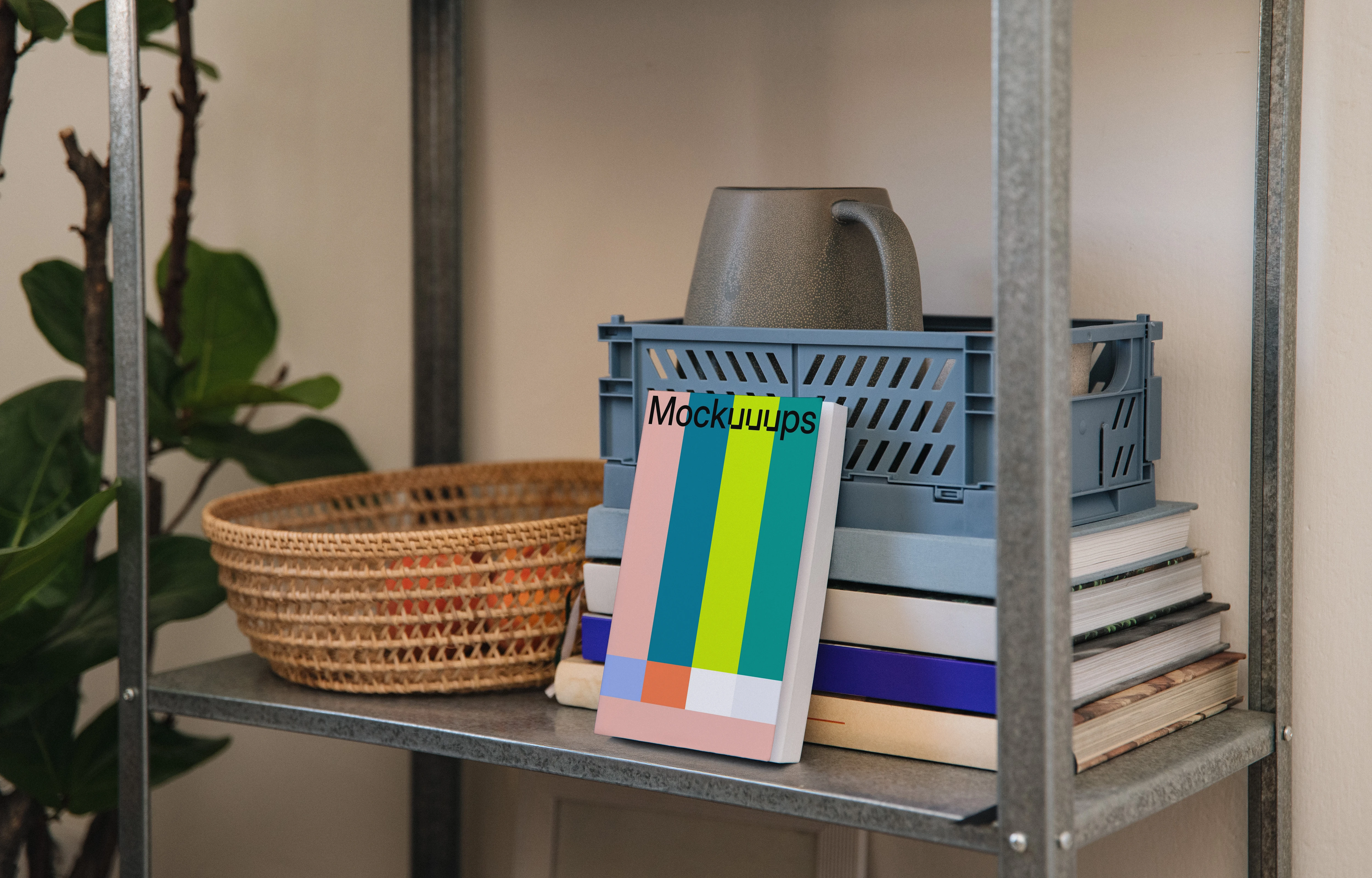 Softcover book mockup on a metal shelf