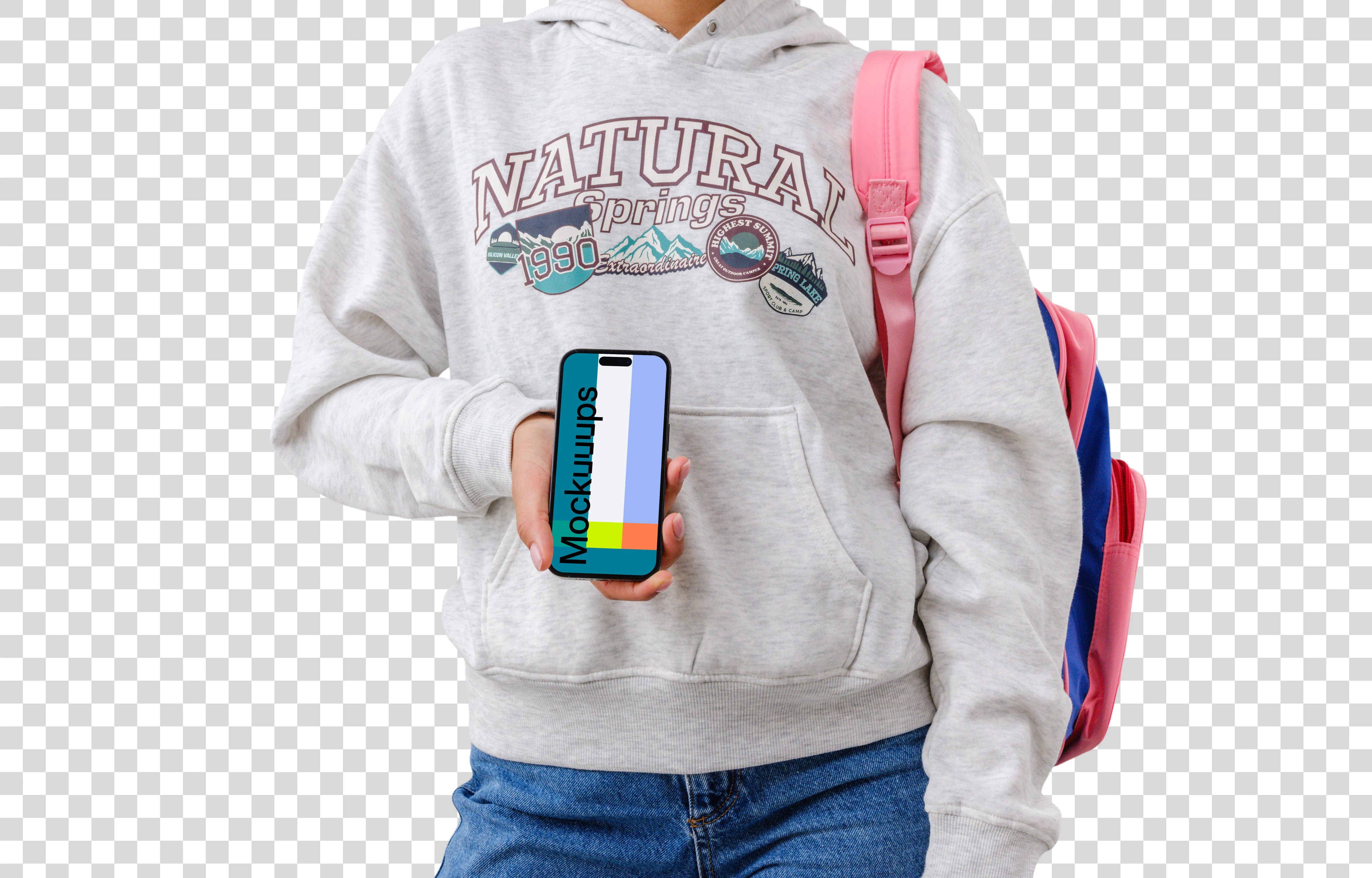 Student holding an iPhone 14 Pro mockup
