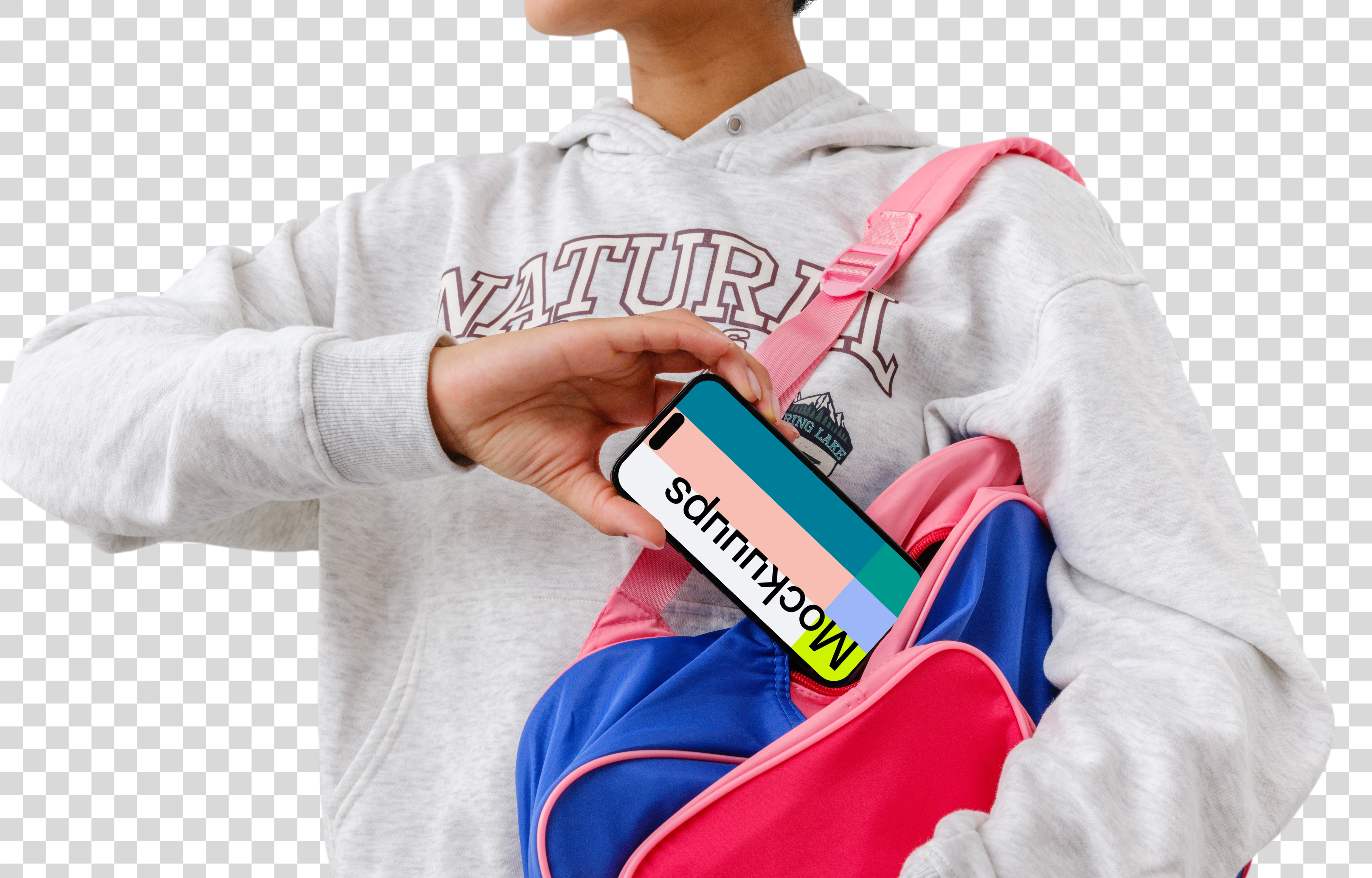 Student pulling out from backpack an iPhone mockup