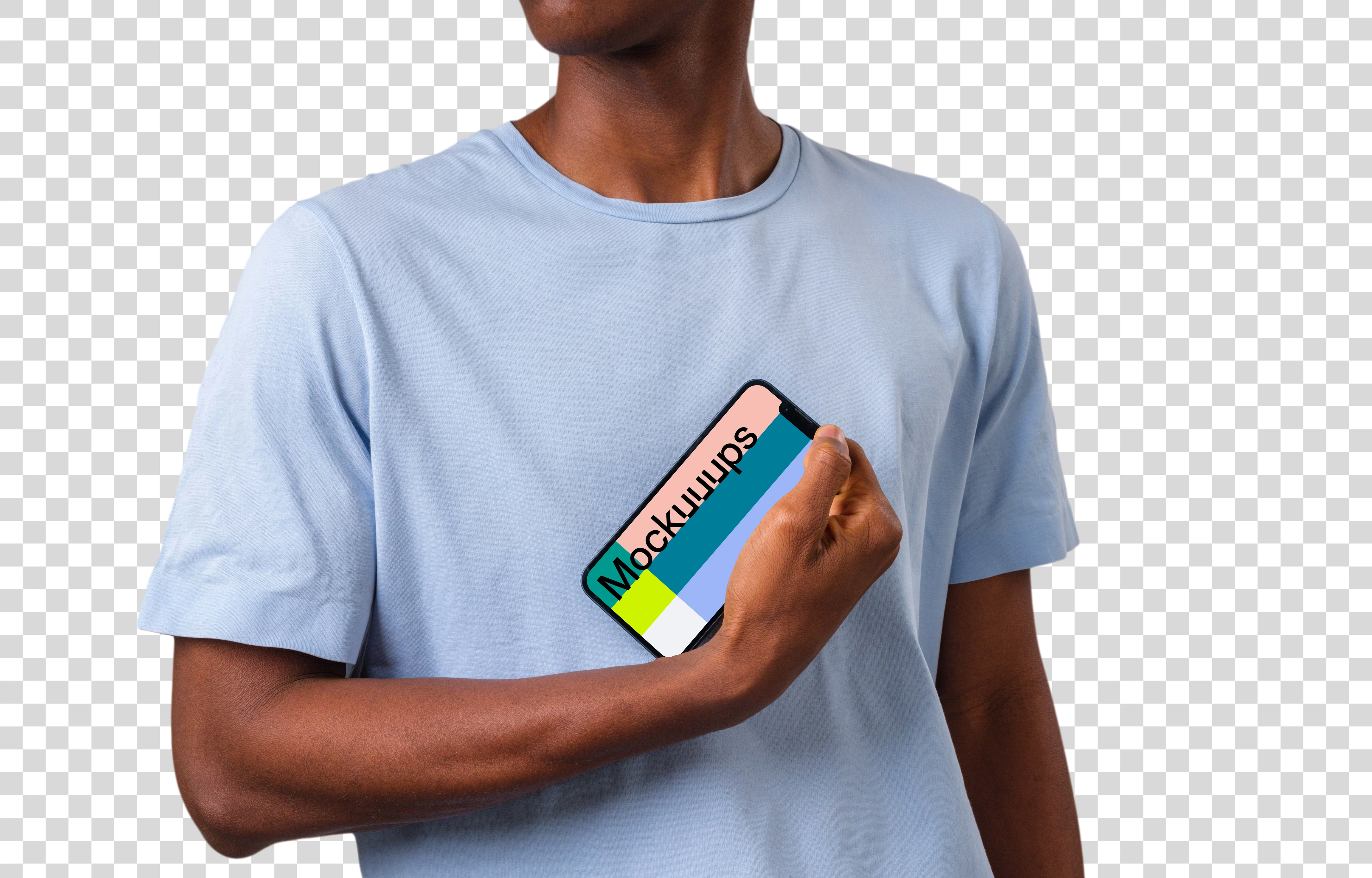 Mockup of a rotated iPhone mockup held by man in light shirt