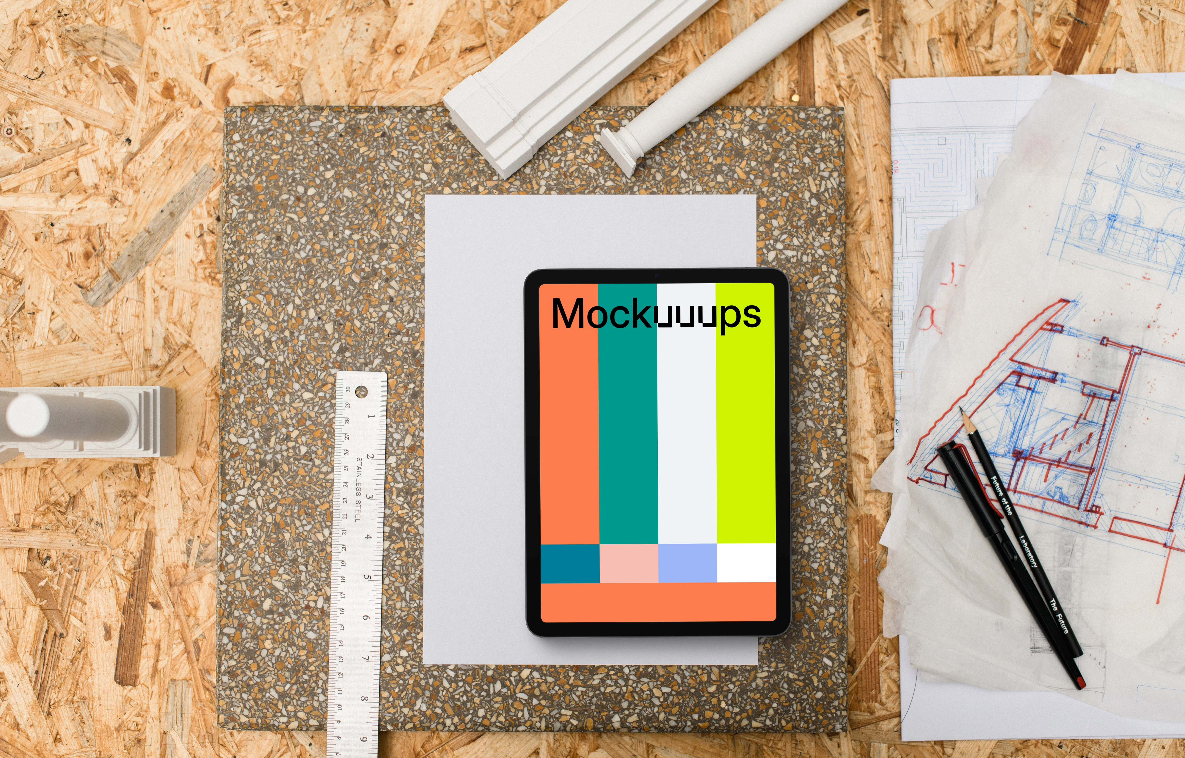 Tablet mockup at architect's workstation