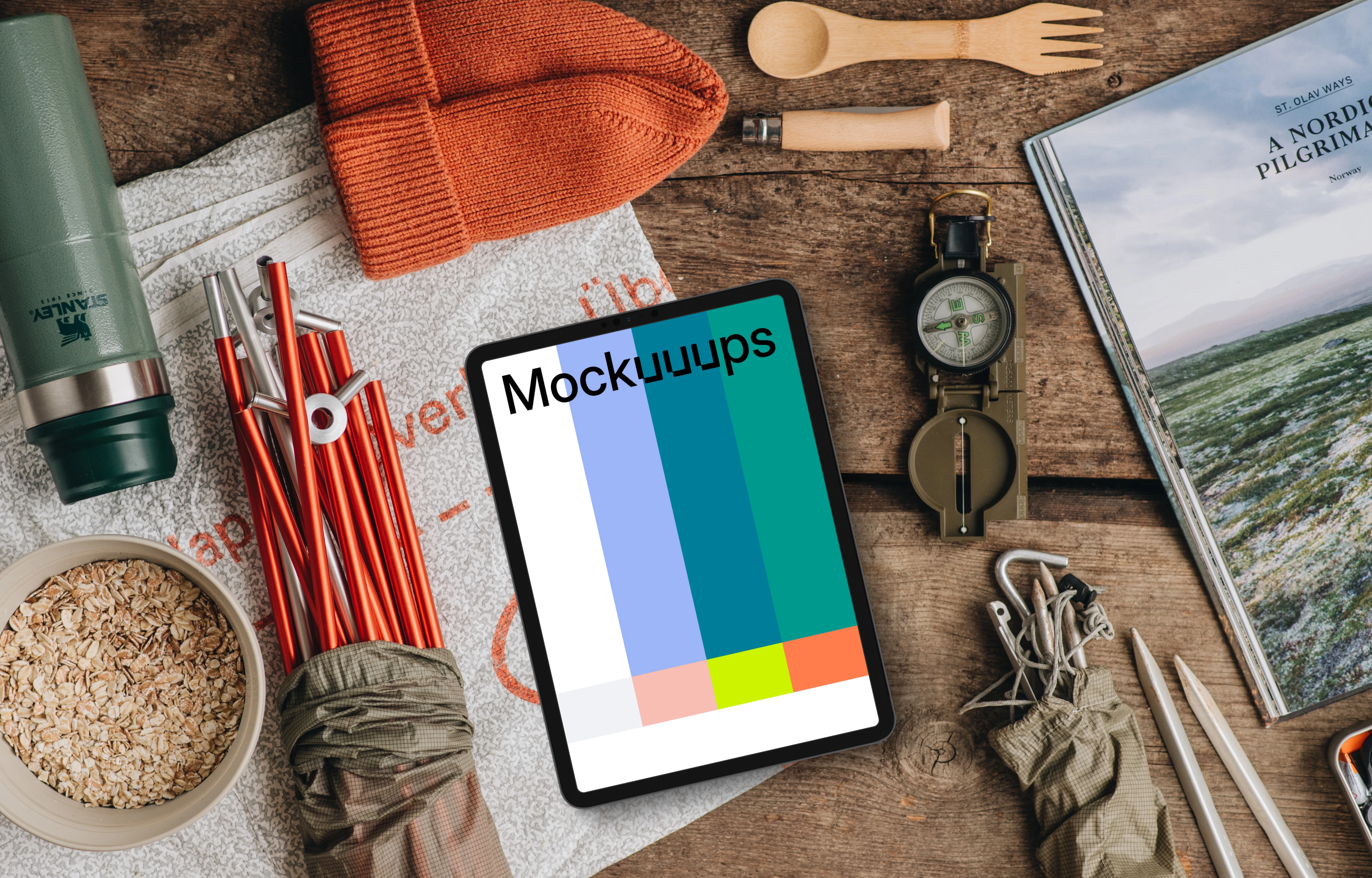 Tablet mockup in an adventure setting