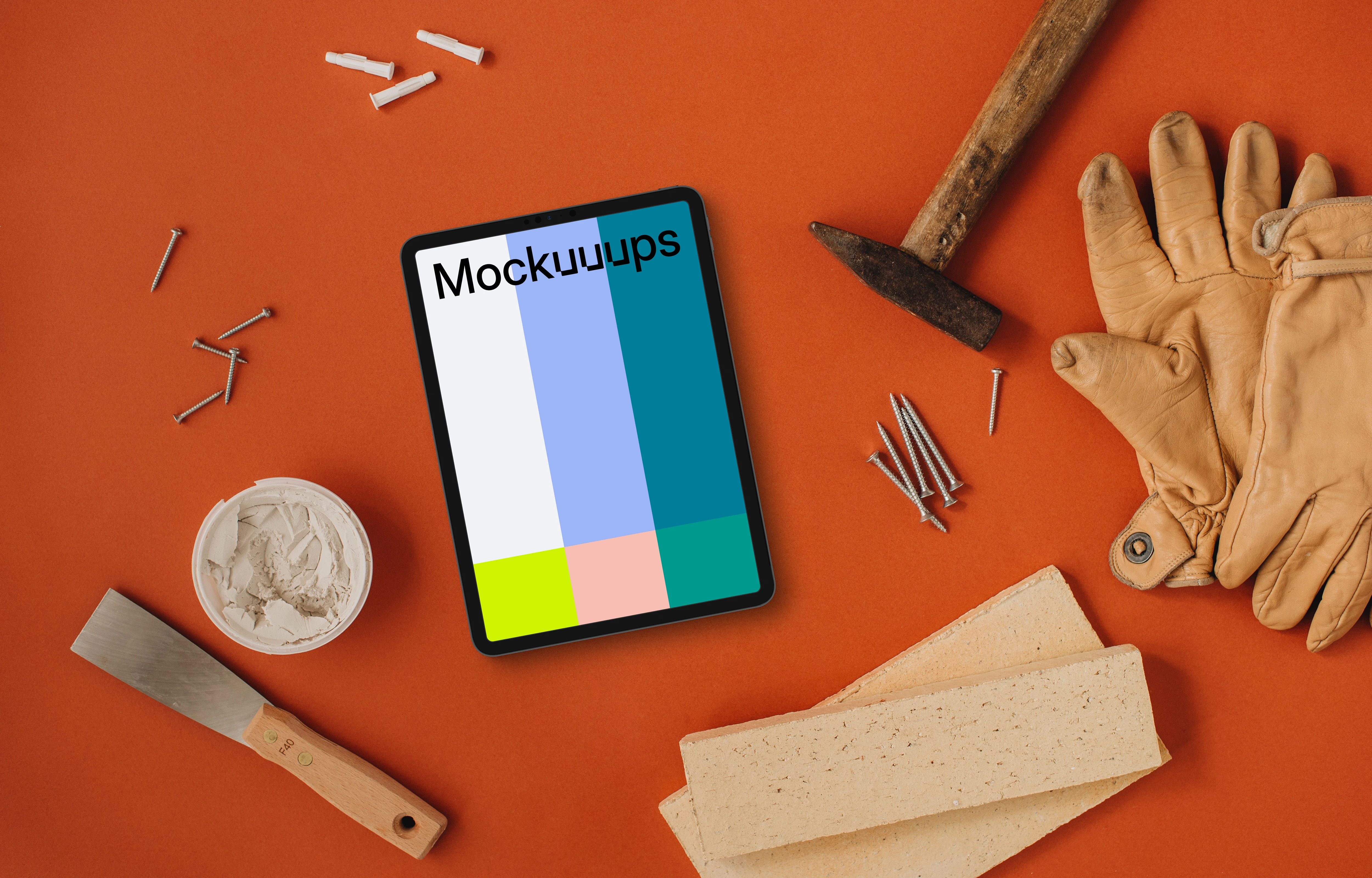Tablet mockup in the center of a workshop space