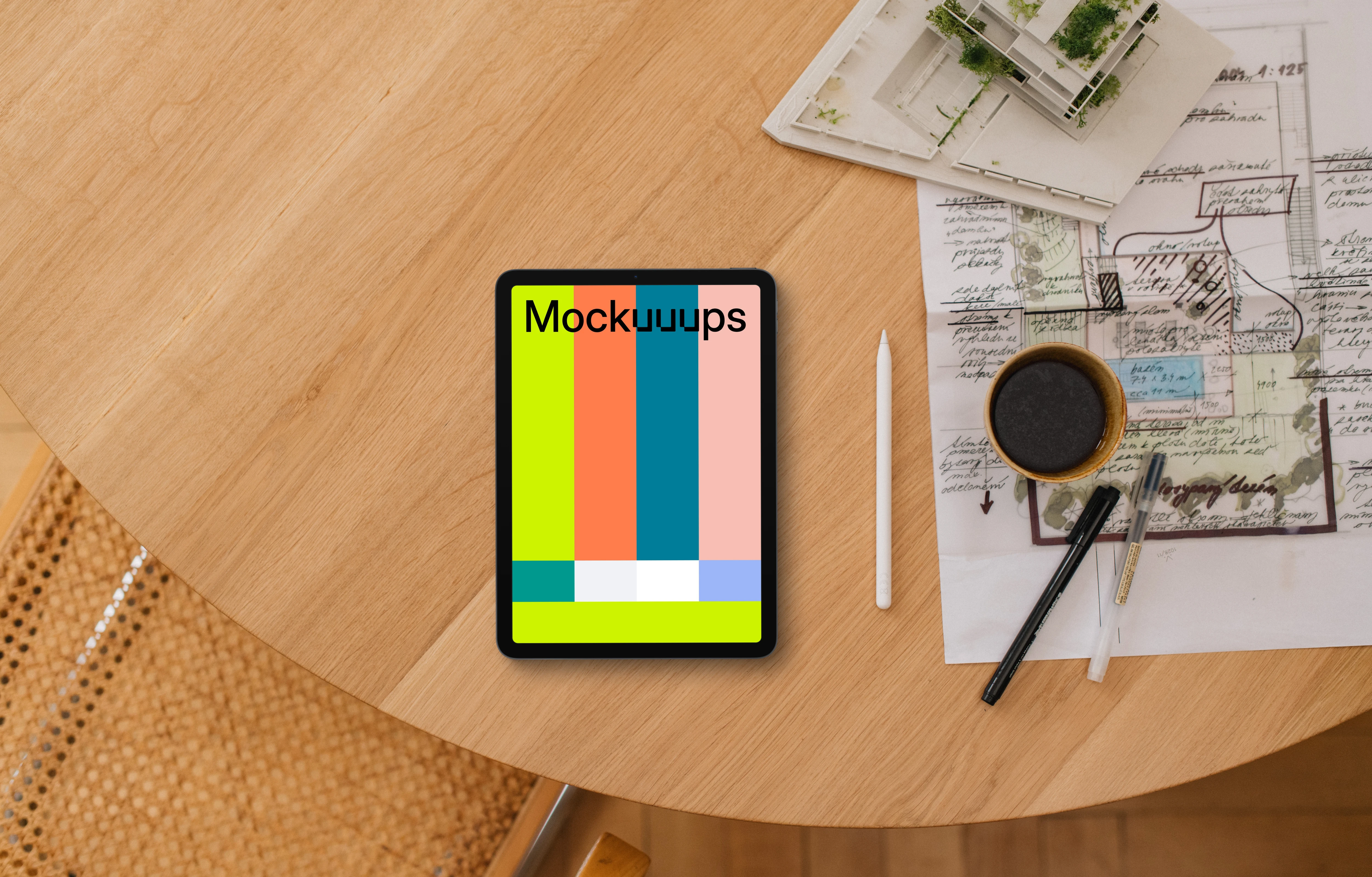 Tablet mockup on architect's desk with blueprints