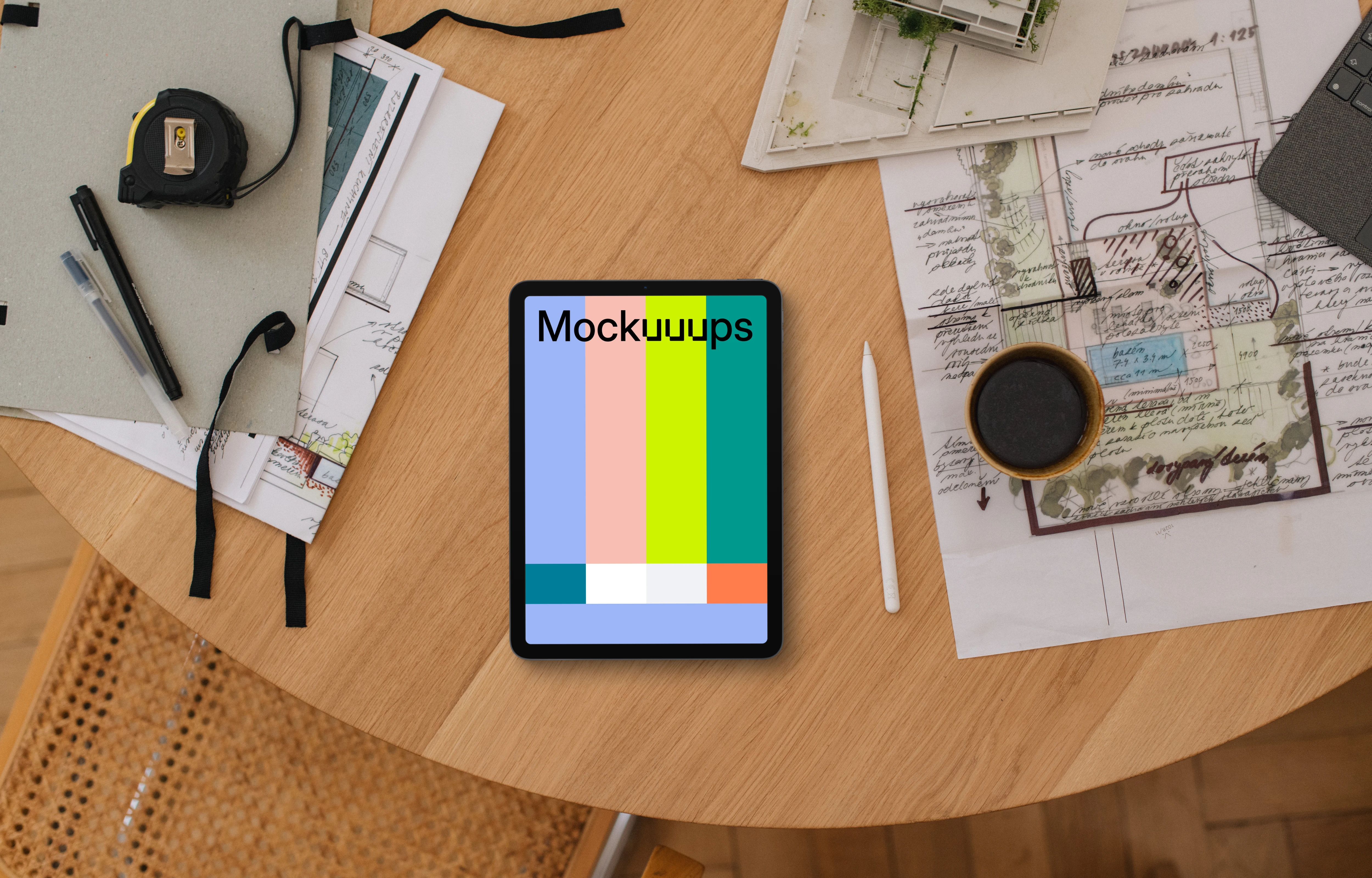 Tablet mockup on architect's desk with plans and tools