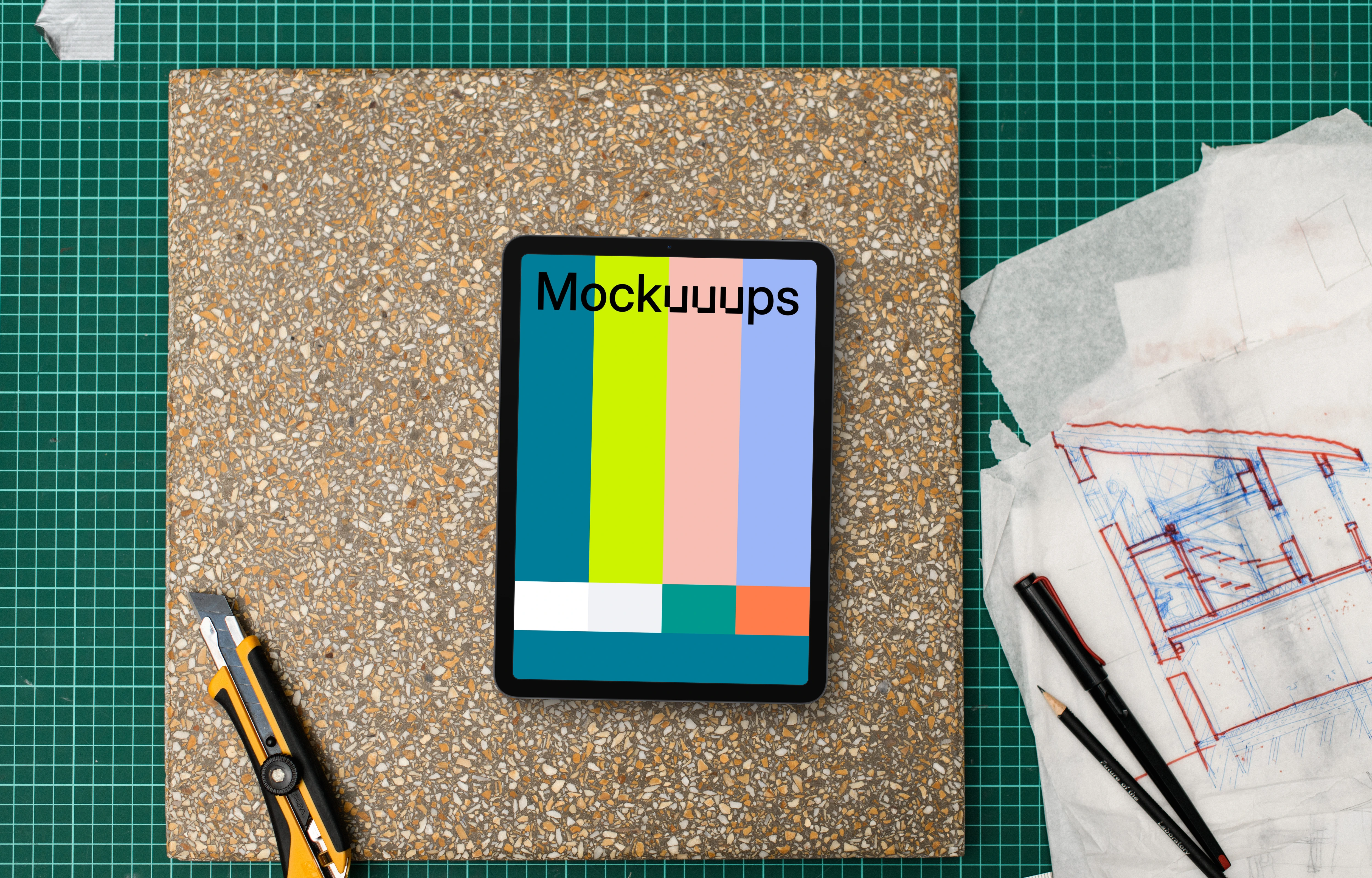 Tablet mockup on architect's table with drafting tools