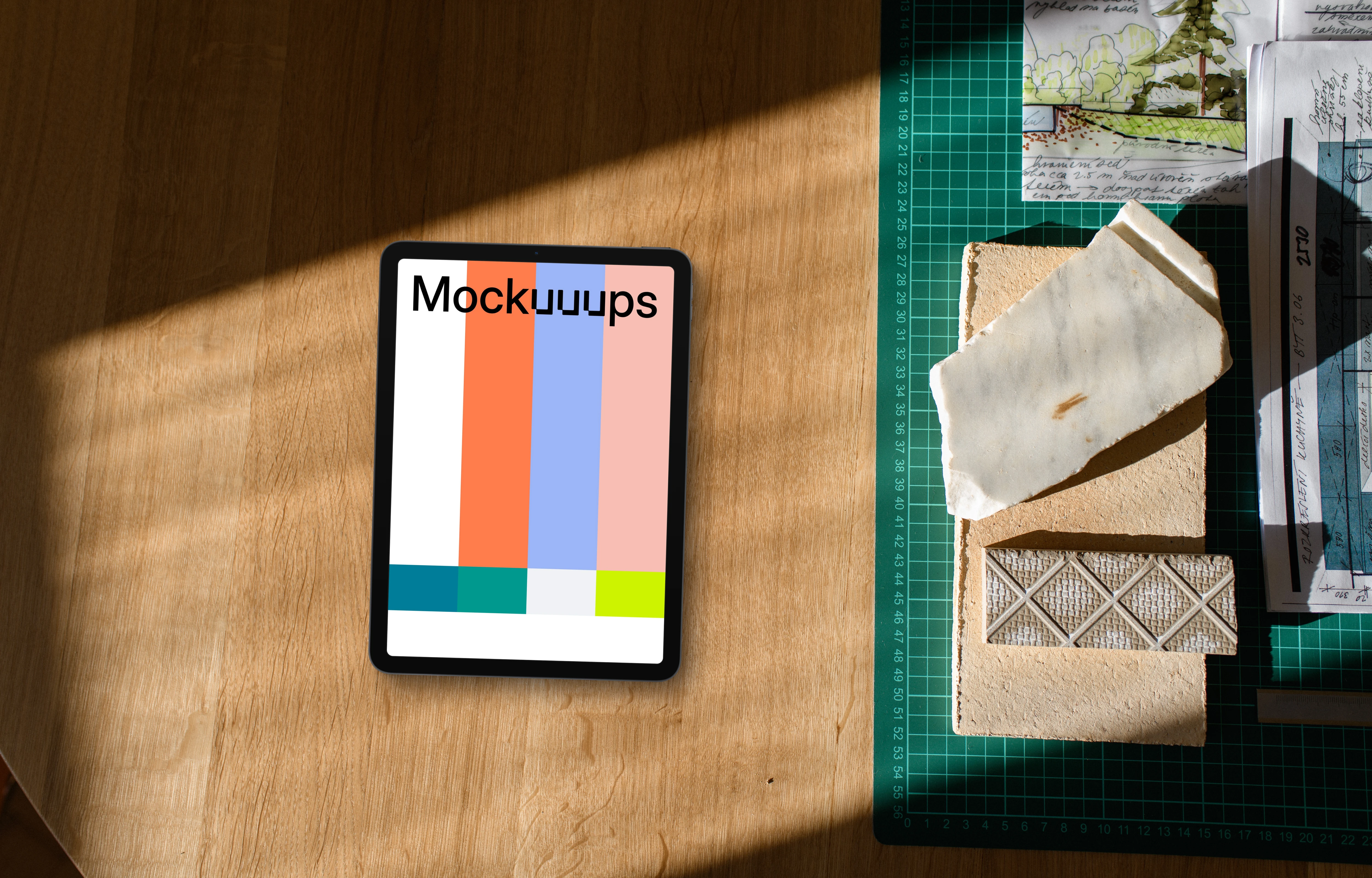 Tablet mockup on architect's workspace with blueprints and materials