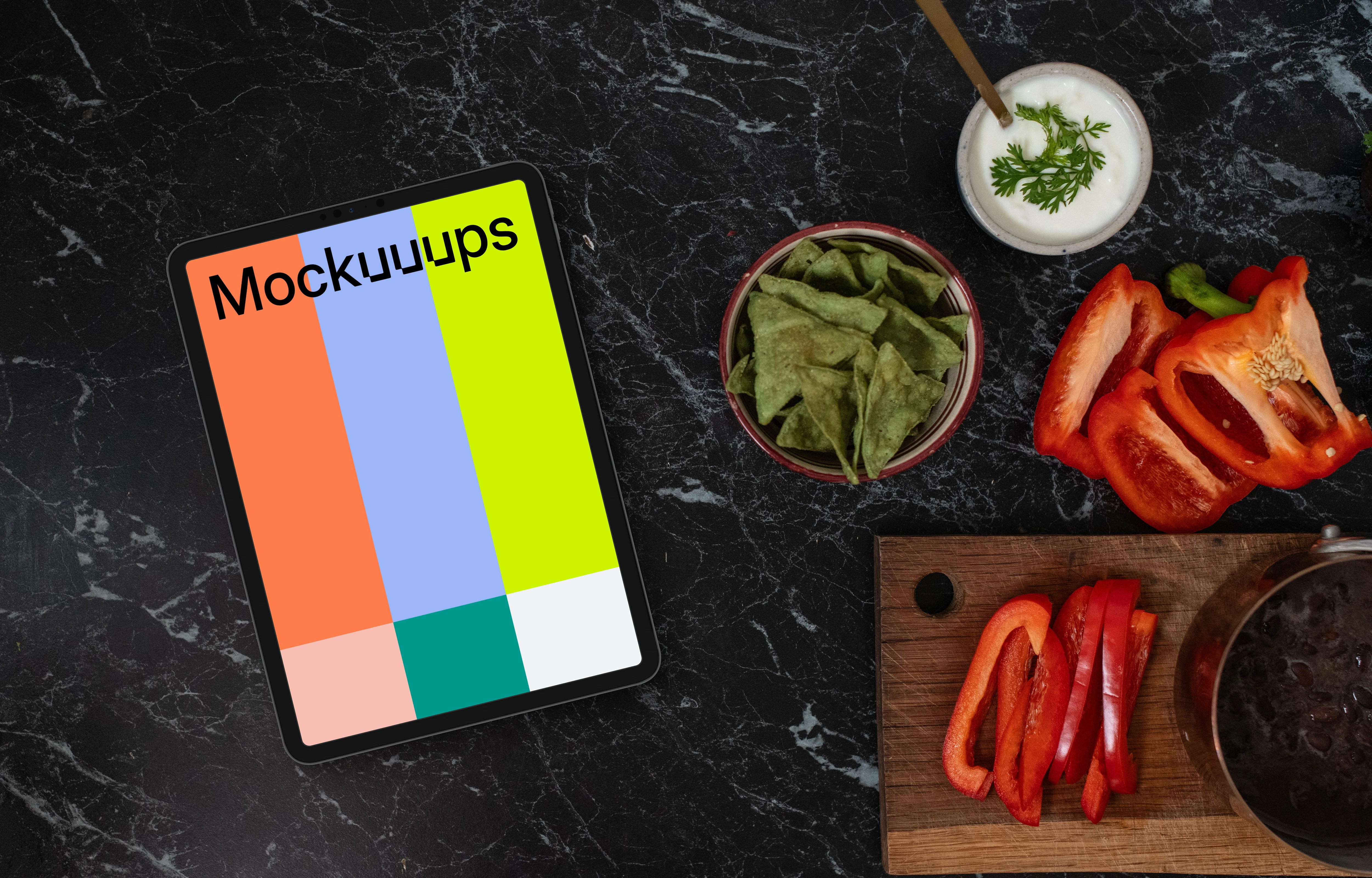 Tablet mockup on the marble kitchen unit