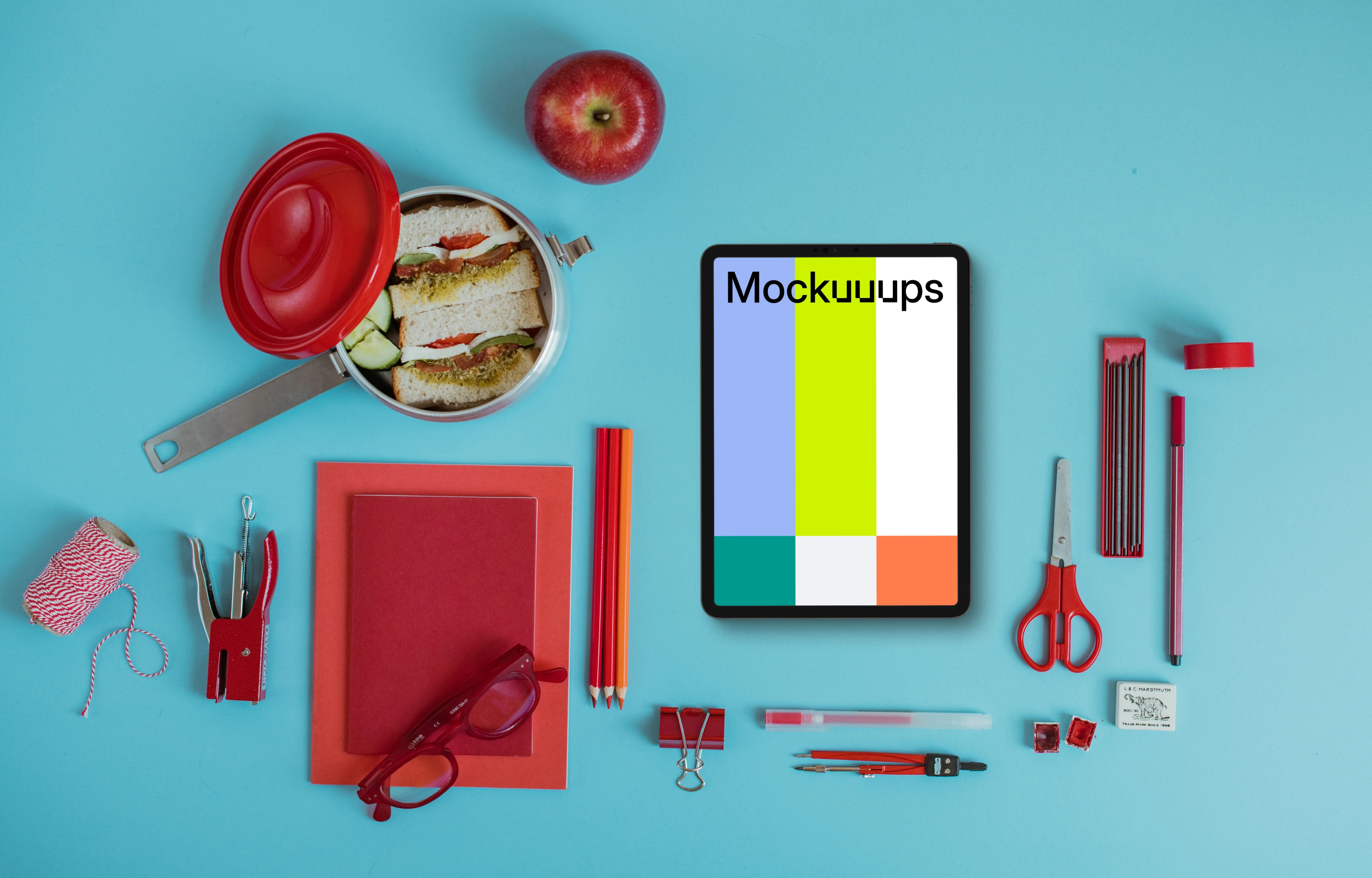 Tablet mockup with a lunch box on the side